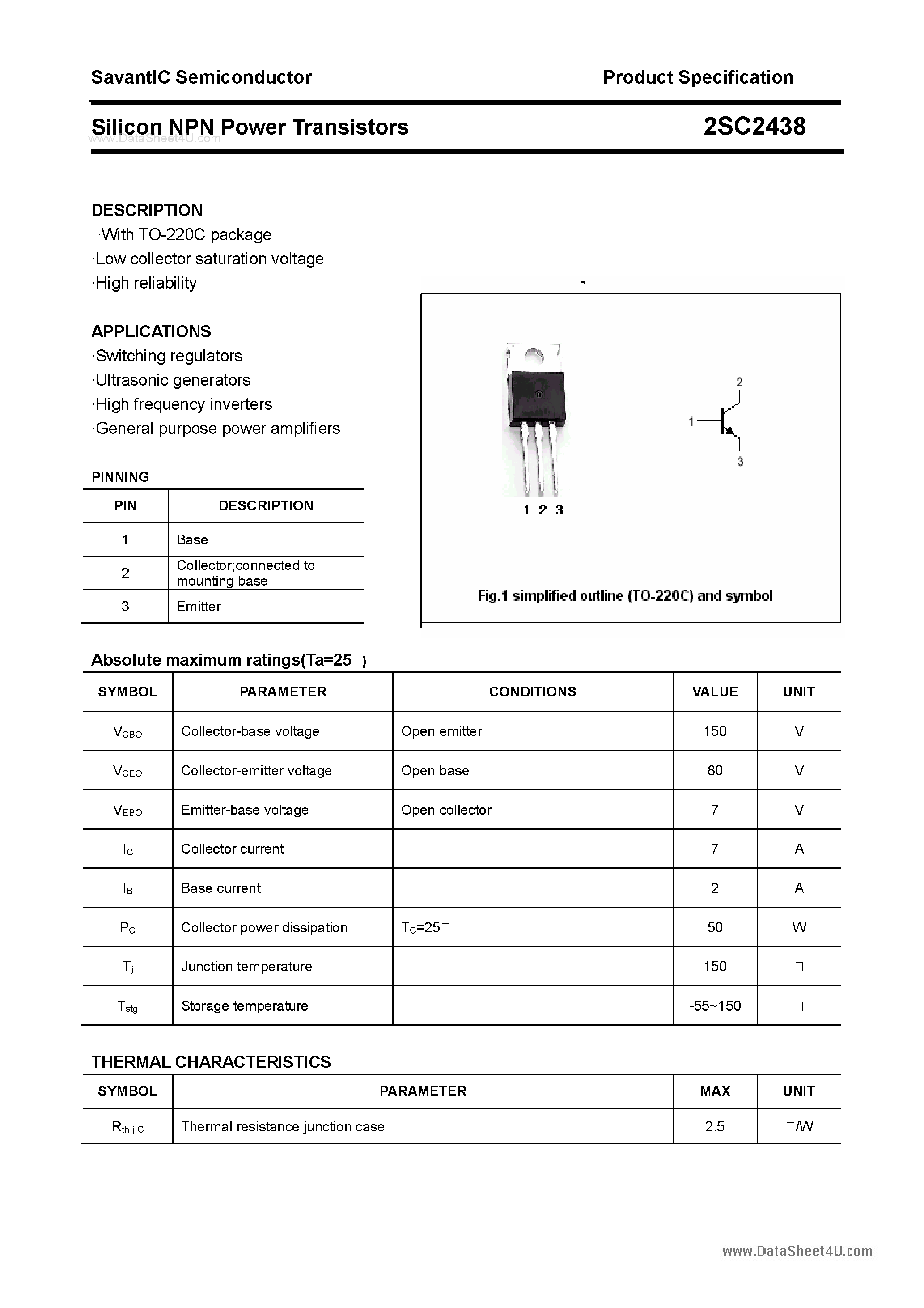 Datasheet 2SC2438 - SILICON POWER TRANSISTOR page 1