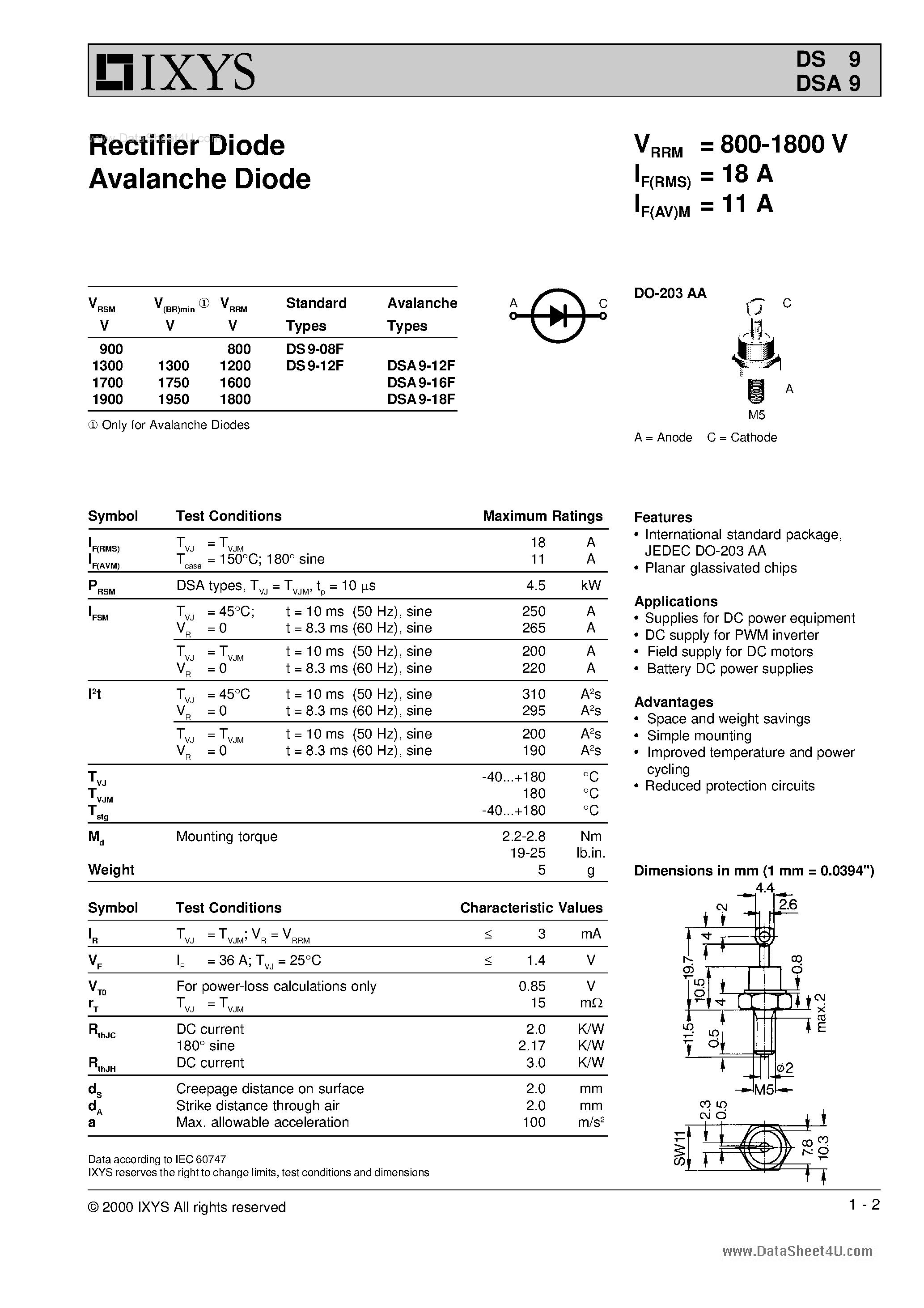 Datasheet DSA9 page 1 Datasheet DSA9 - Rectifier Diode Avalanche Diode page 1