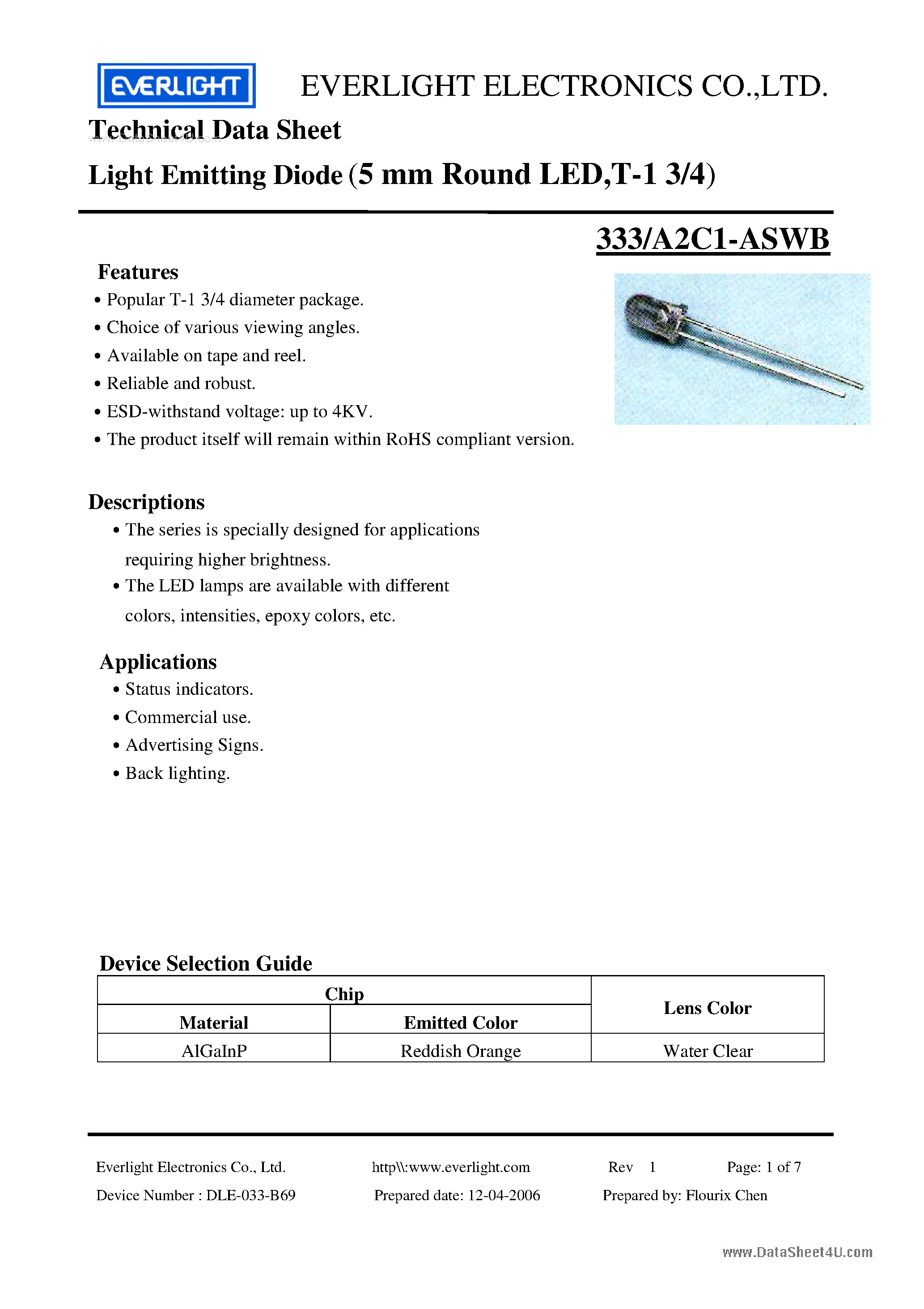 Datasheet A2C1-ASWB - Light Emitting Diode page 1