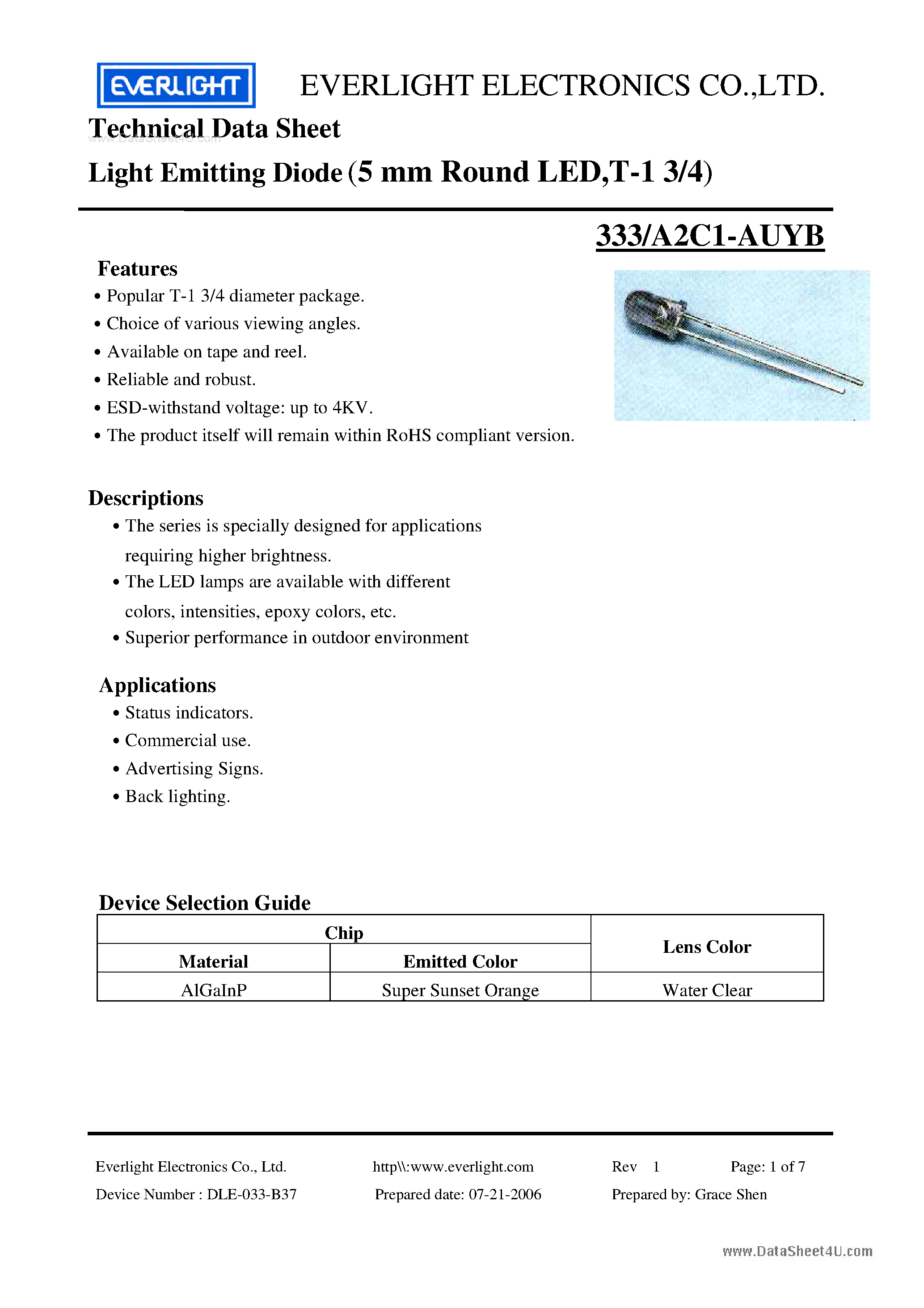 Datasheet A2C1-AUYB page 1 Datasheet A2C1-AUYB - Light Emitting Diode page 1