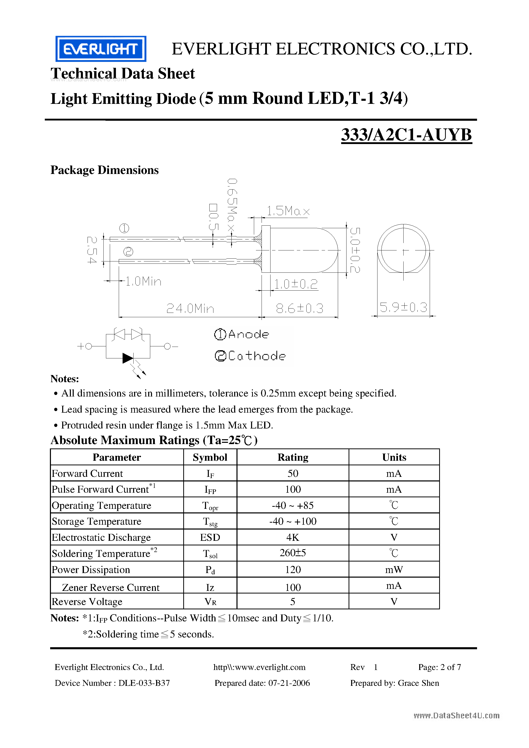 Datasheet A2C1-AUYB page 2 Datasheet A2C1-AUYB - Light Emitting Diode page 2