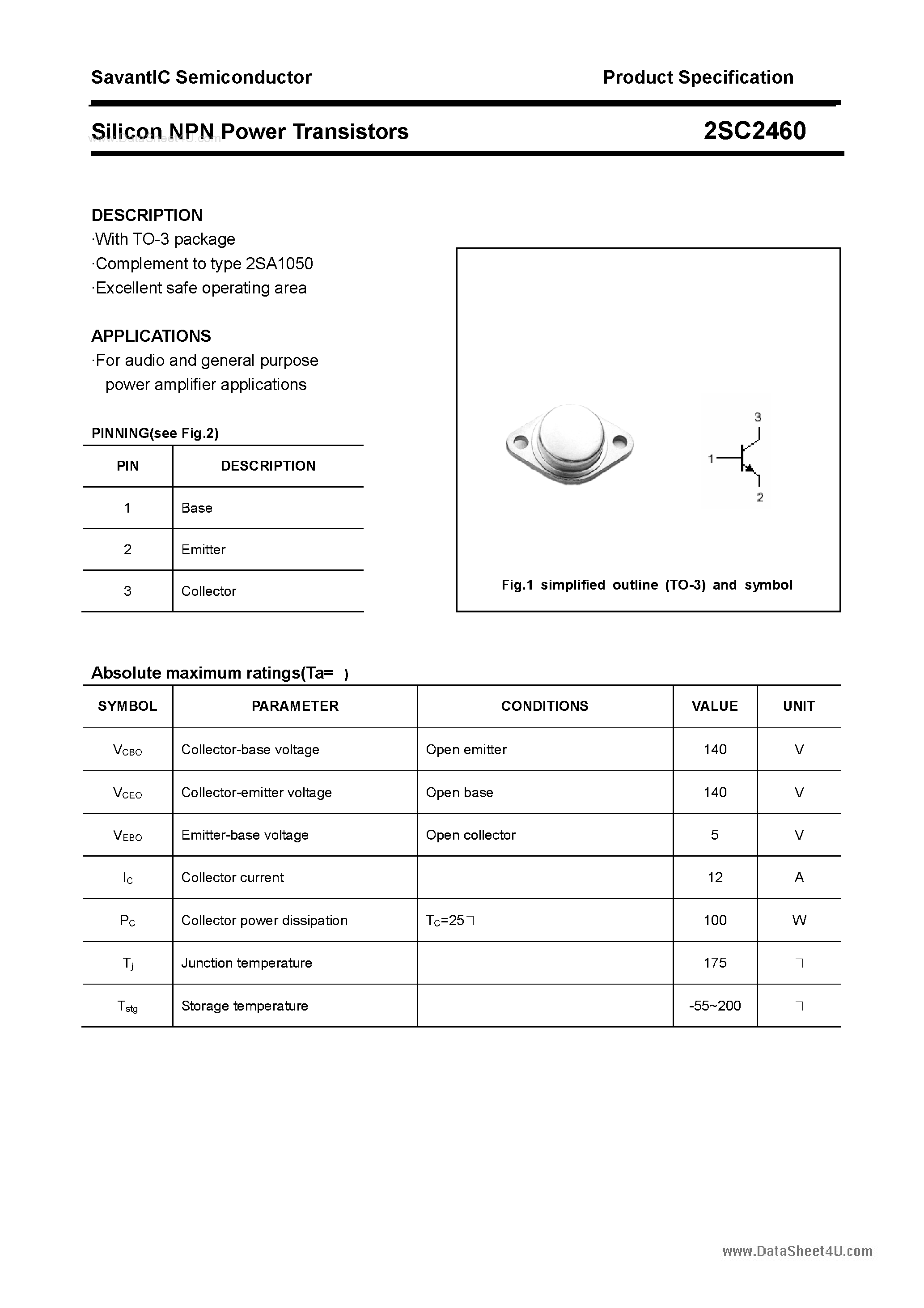 Datasheet 2SC2460 - SILICON POWER TRANSISTOR page 1