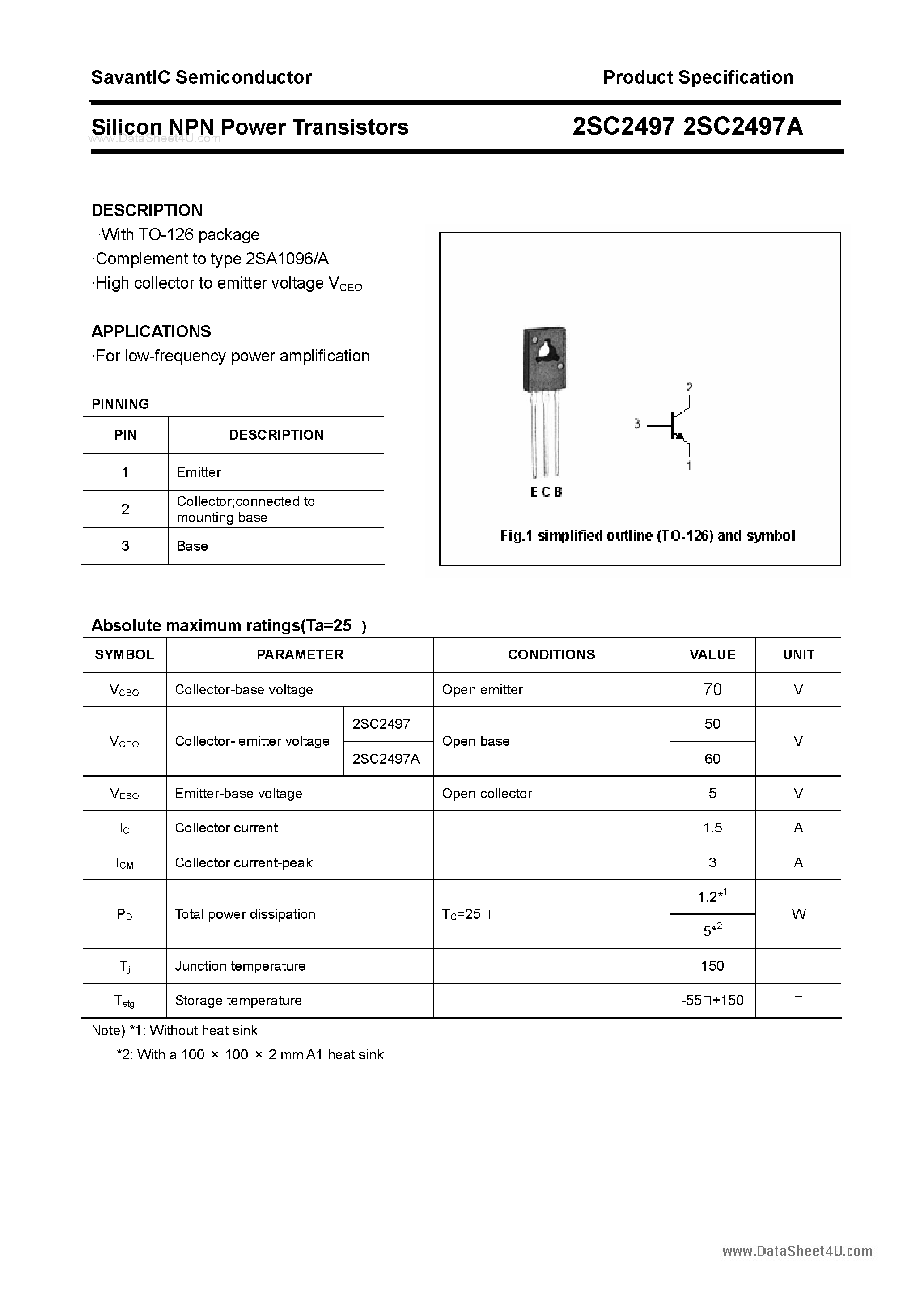 Datasheet 2SC2497 - SILICON POWER TRANSISTOR page 1