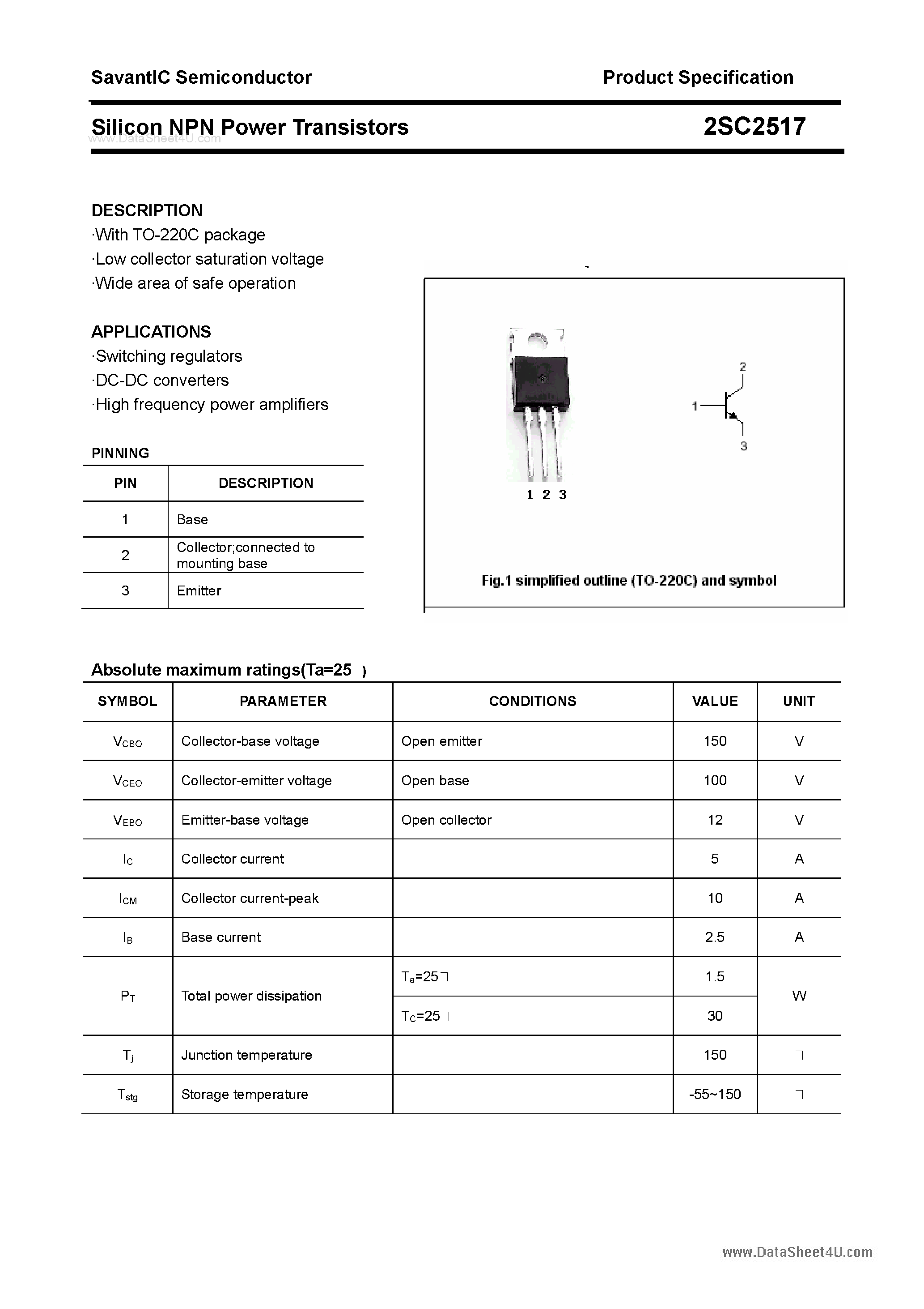 Datasheet 2SC2517 - SILICON POWER TRANSISTOR page 1