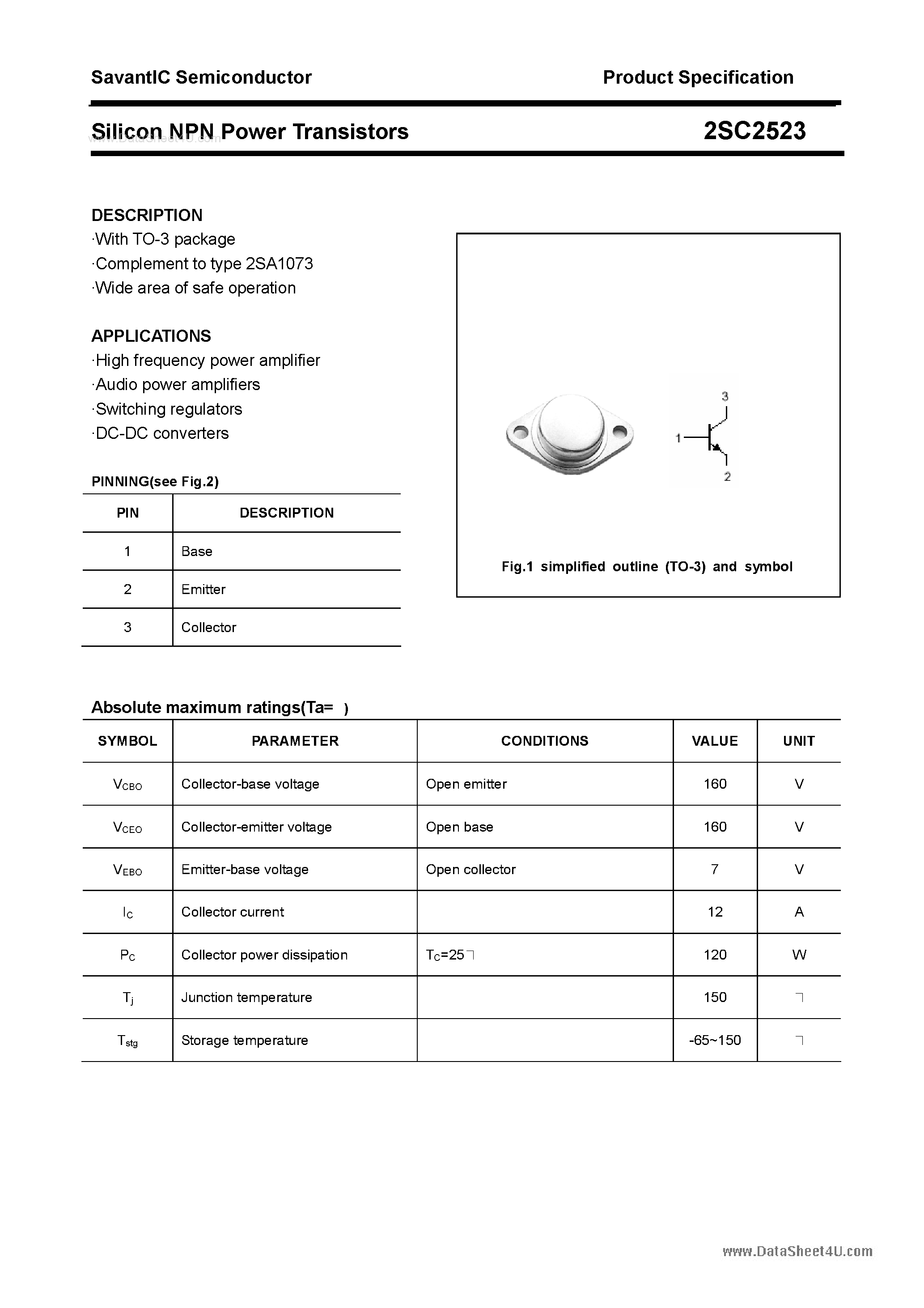 Datasheet 2SC2523 page 1 Datasheet 2SC2523 - SILICON POWER TRANSISTOR page 1