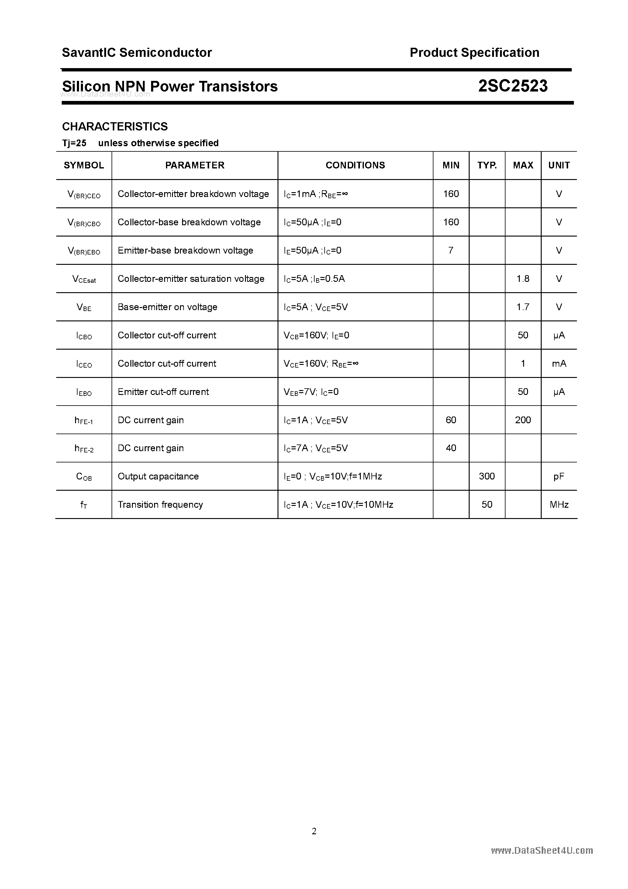 Datasheet 2SC2523 page 2 Datasheet 2SC2523 - SILICON POWER TRANSISTOR page 2