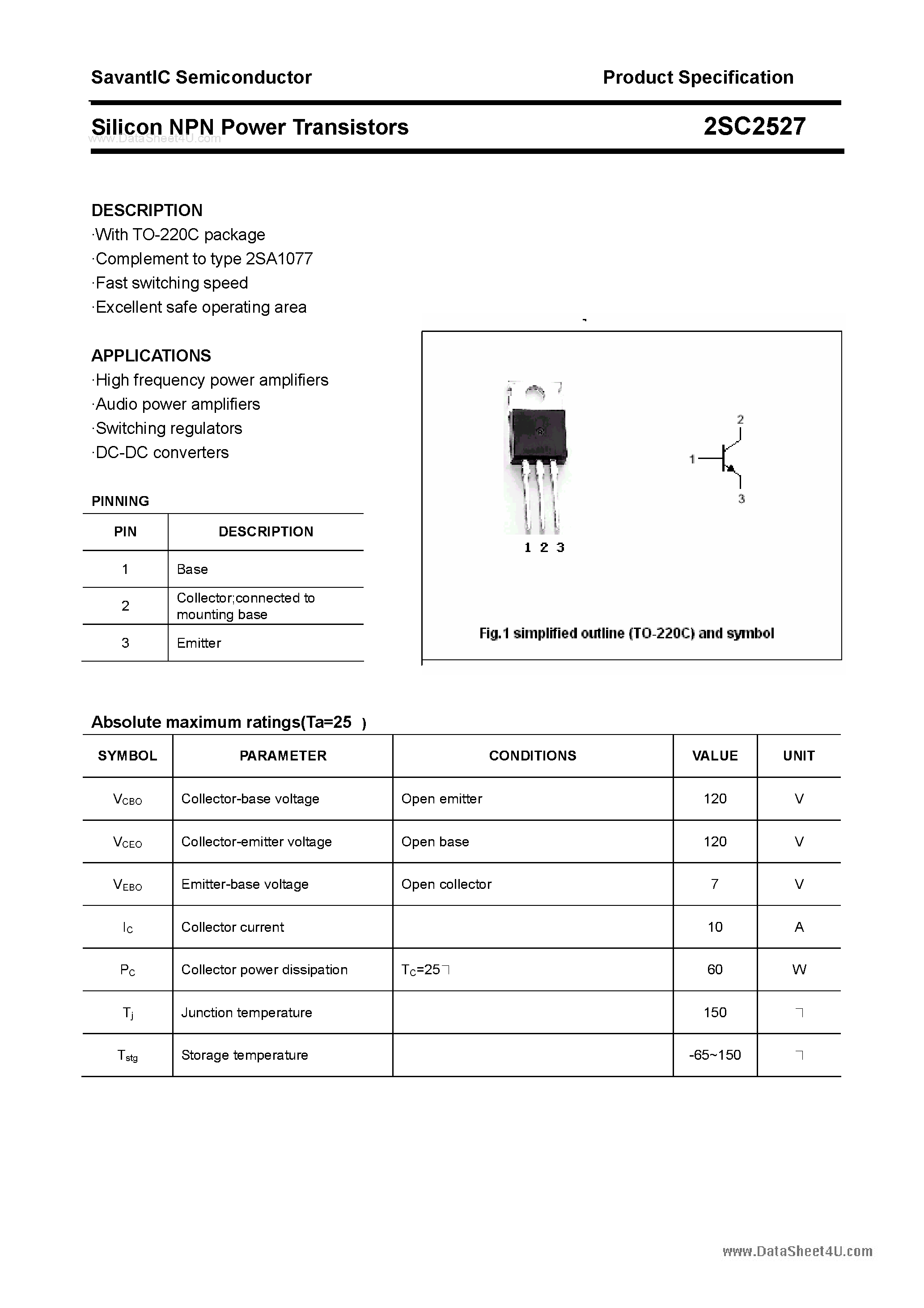 Datasheet 2SC2527 - SILICON POWER TRANSISTOR page 1