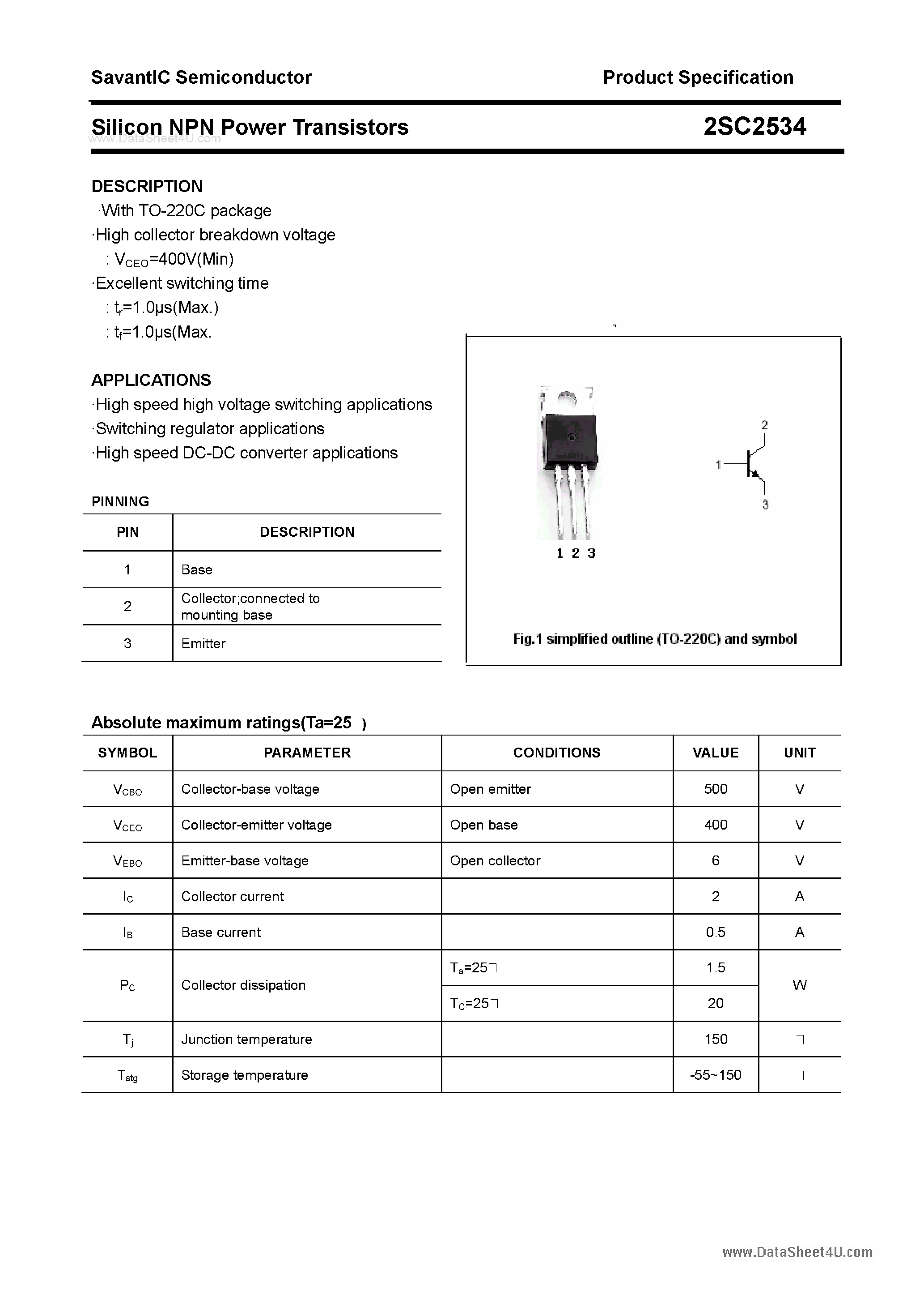 Datasheet 2SC2534 - SILICON POWER TRANSISTOR page 1