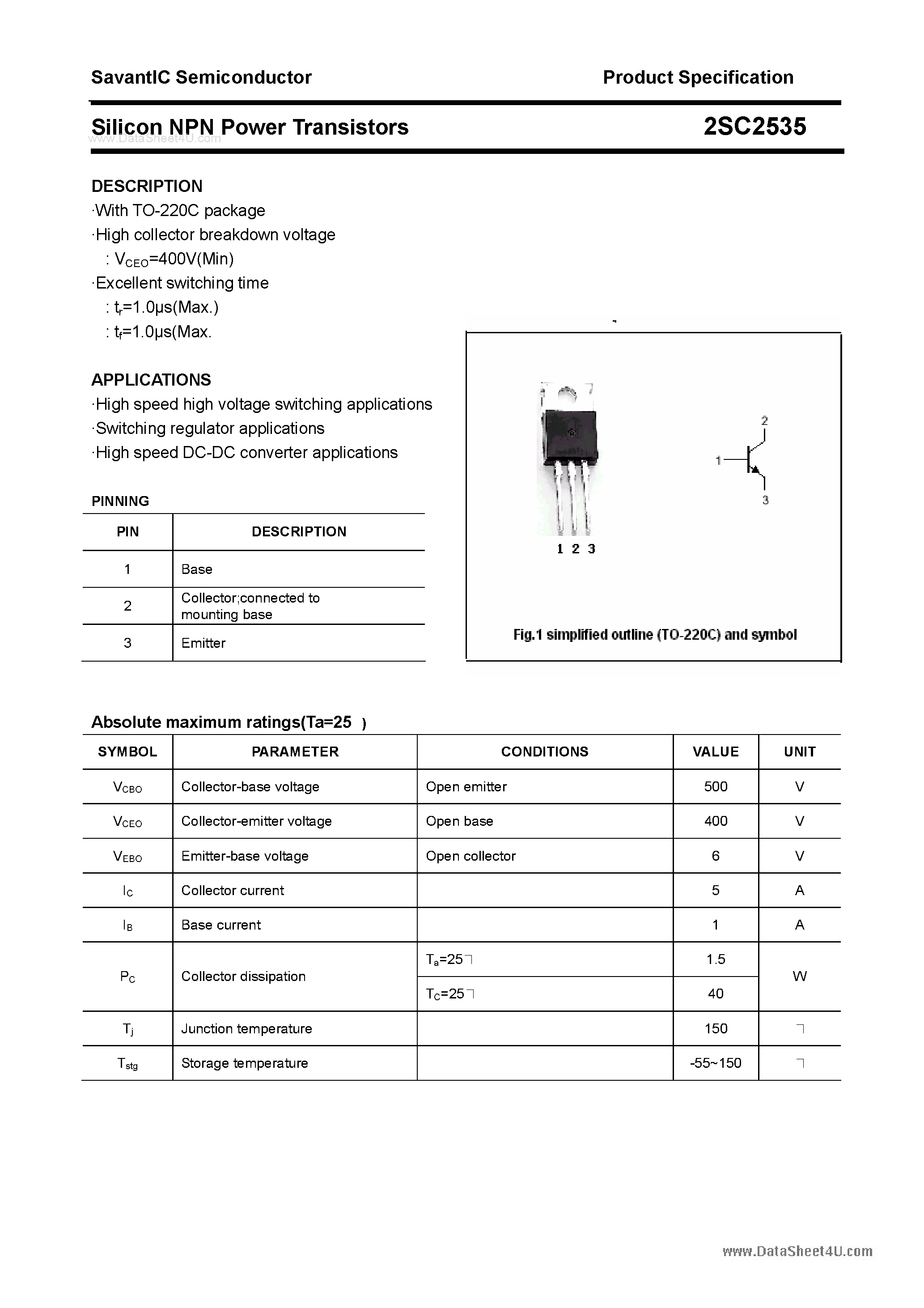 Datasheet 2SC2535 - SILICON POWER TRANSISTOR page 1