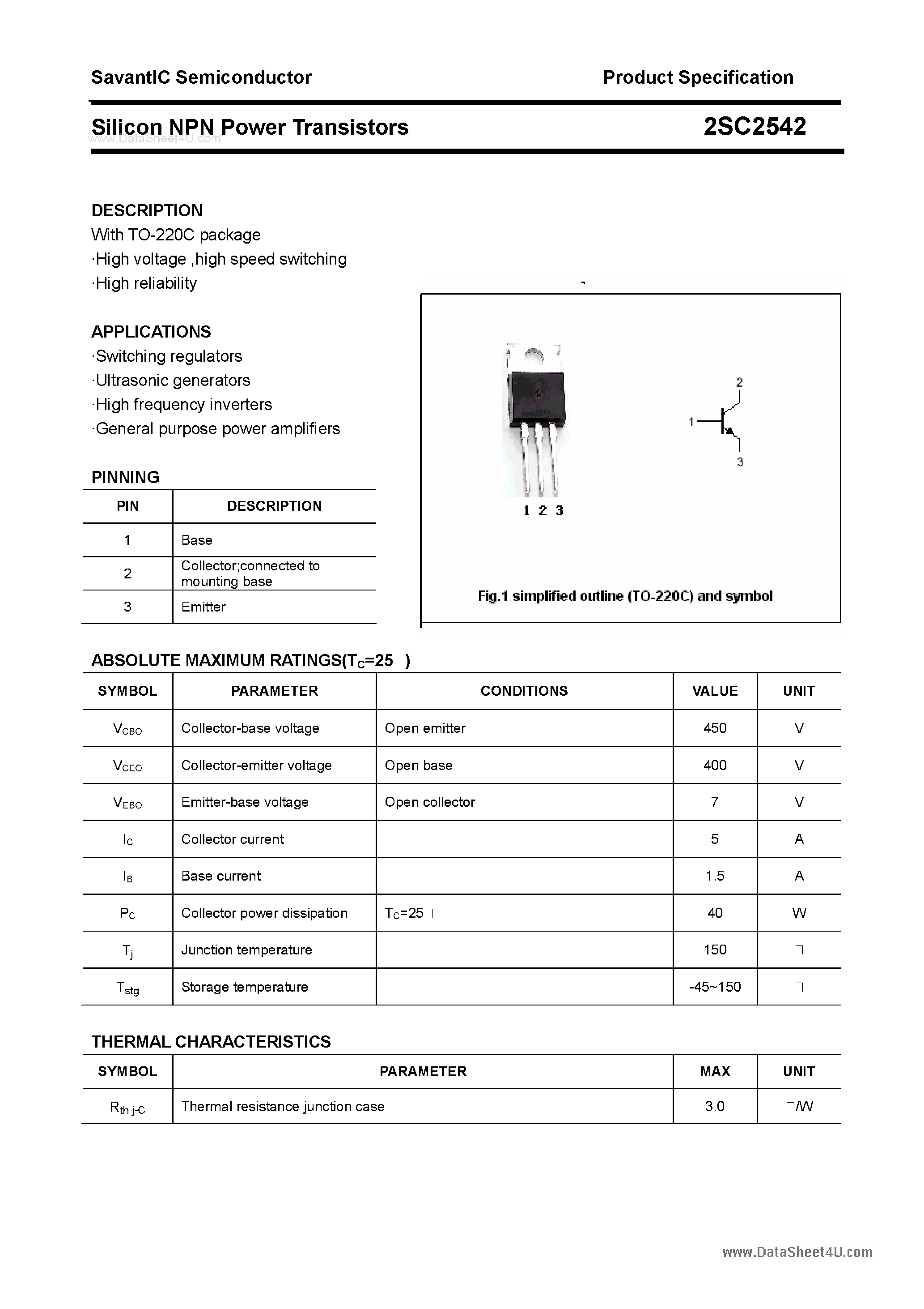 Datasheet 2SC2542 page 1 Datasheet 2SC2542 - SILICON POWER TRANSISTOR page 1