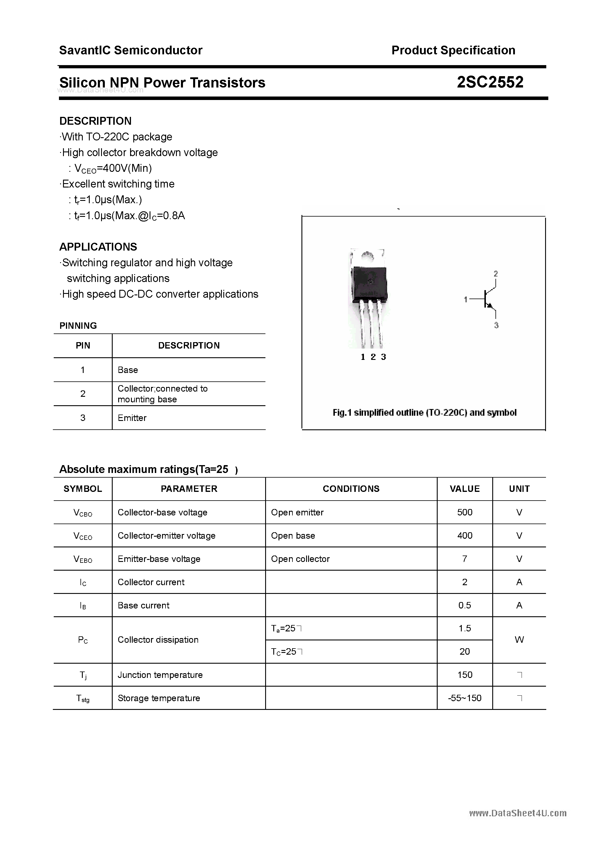 Datasheet 2SC2552 - SILICON POWER TRANSISTOR page 1