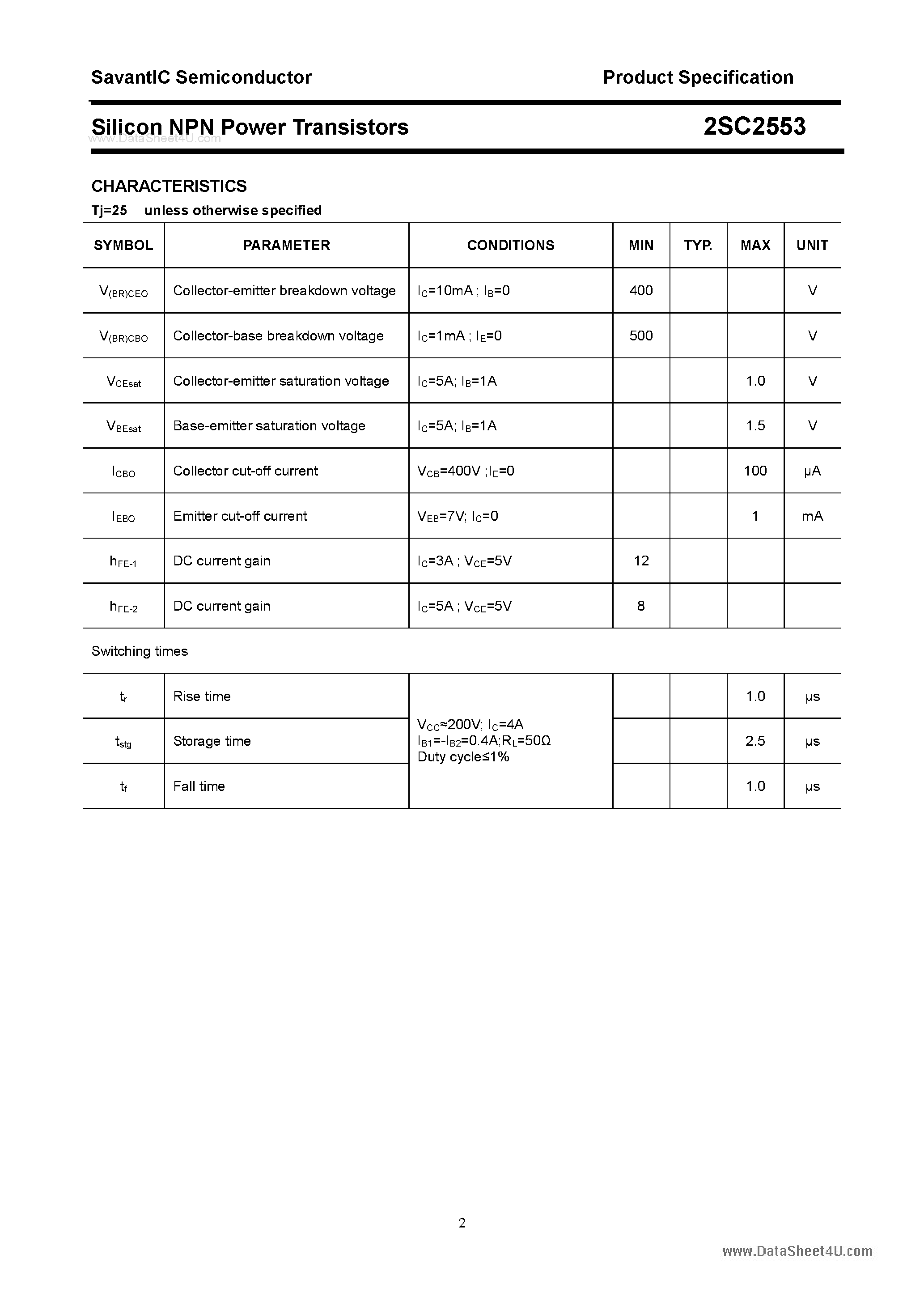 Datasheet 2SC2553 page 2 Datasheet 2SC2553 - SILICON POWER TRANSISTOR page 2