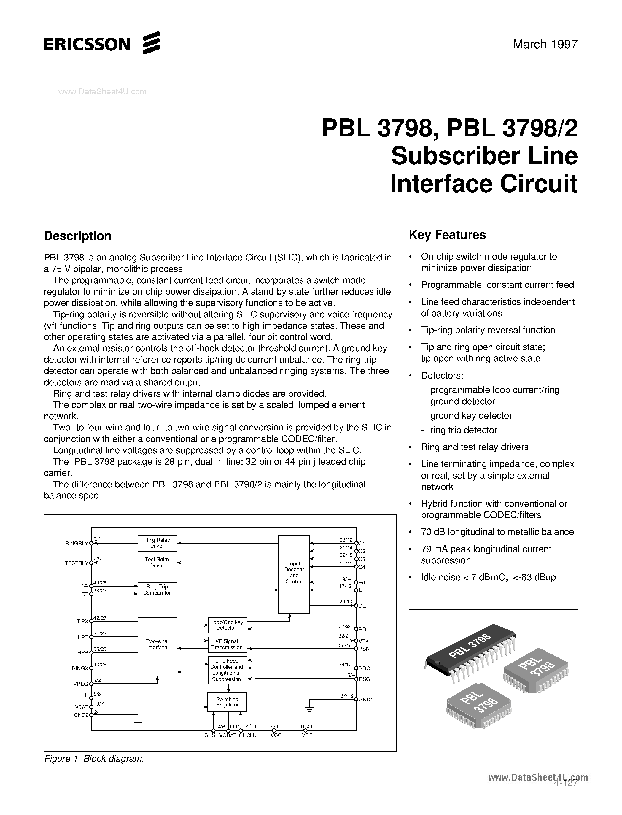 Datasheet PBL3798 page 1 Datasheet PBL3798 - Subscriber Line Interface Circuit page 1