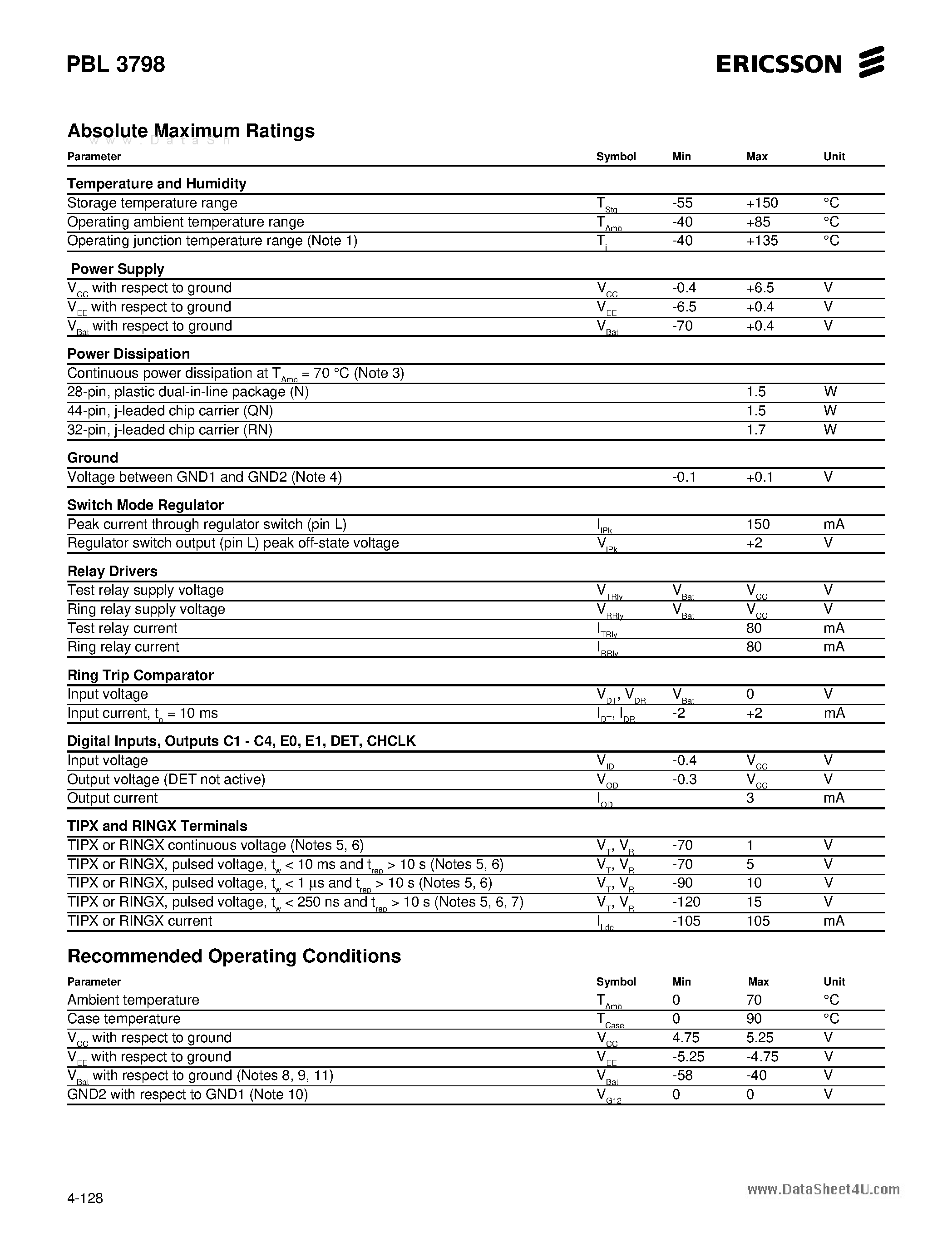 Datasheet PBL3798 page 2 Datasheet PBL3798 - Subscriber Line Interface Circuit page 2