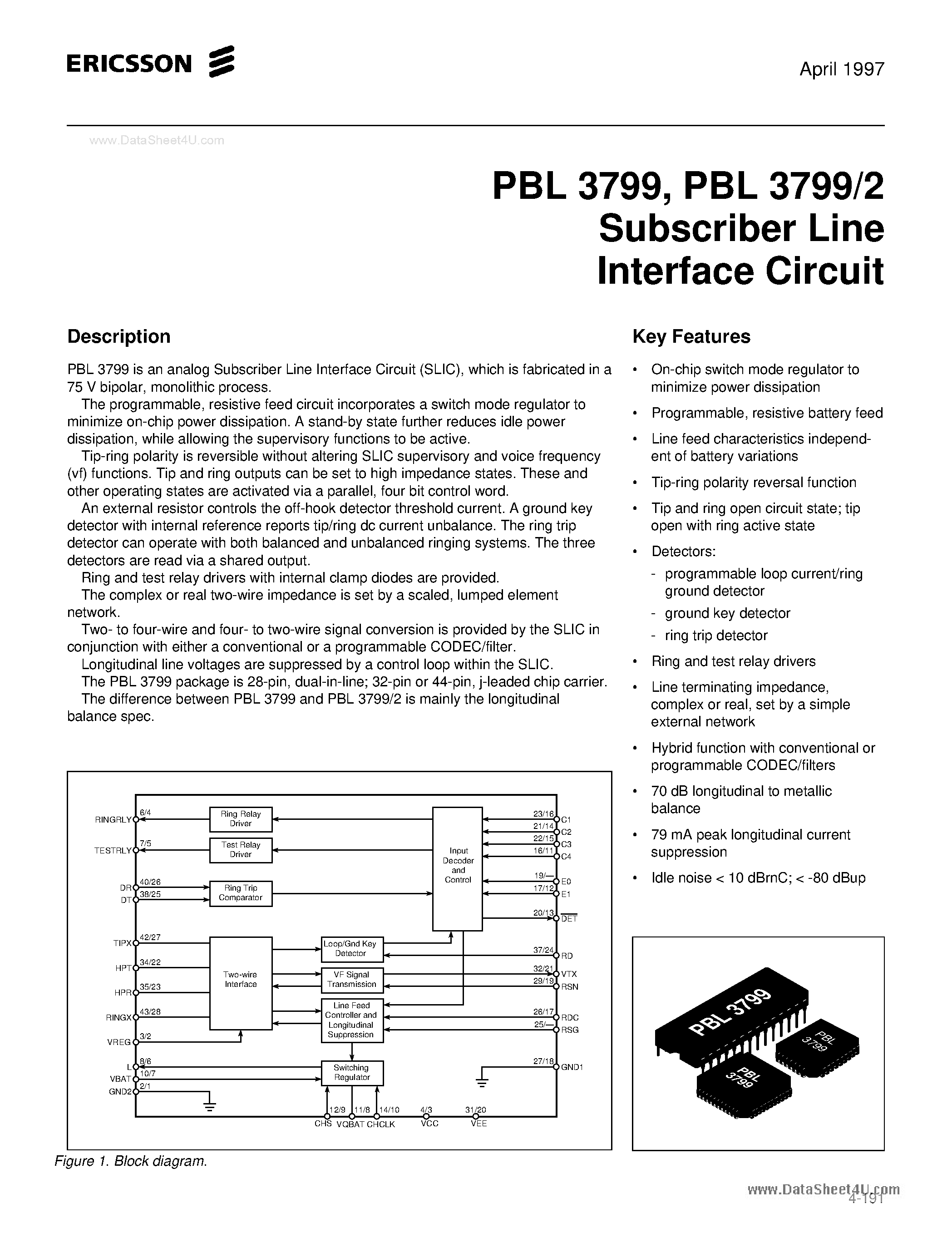 Datasheet PBL3799 - Subscriber Line Interface Circuit page 1
