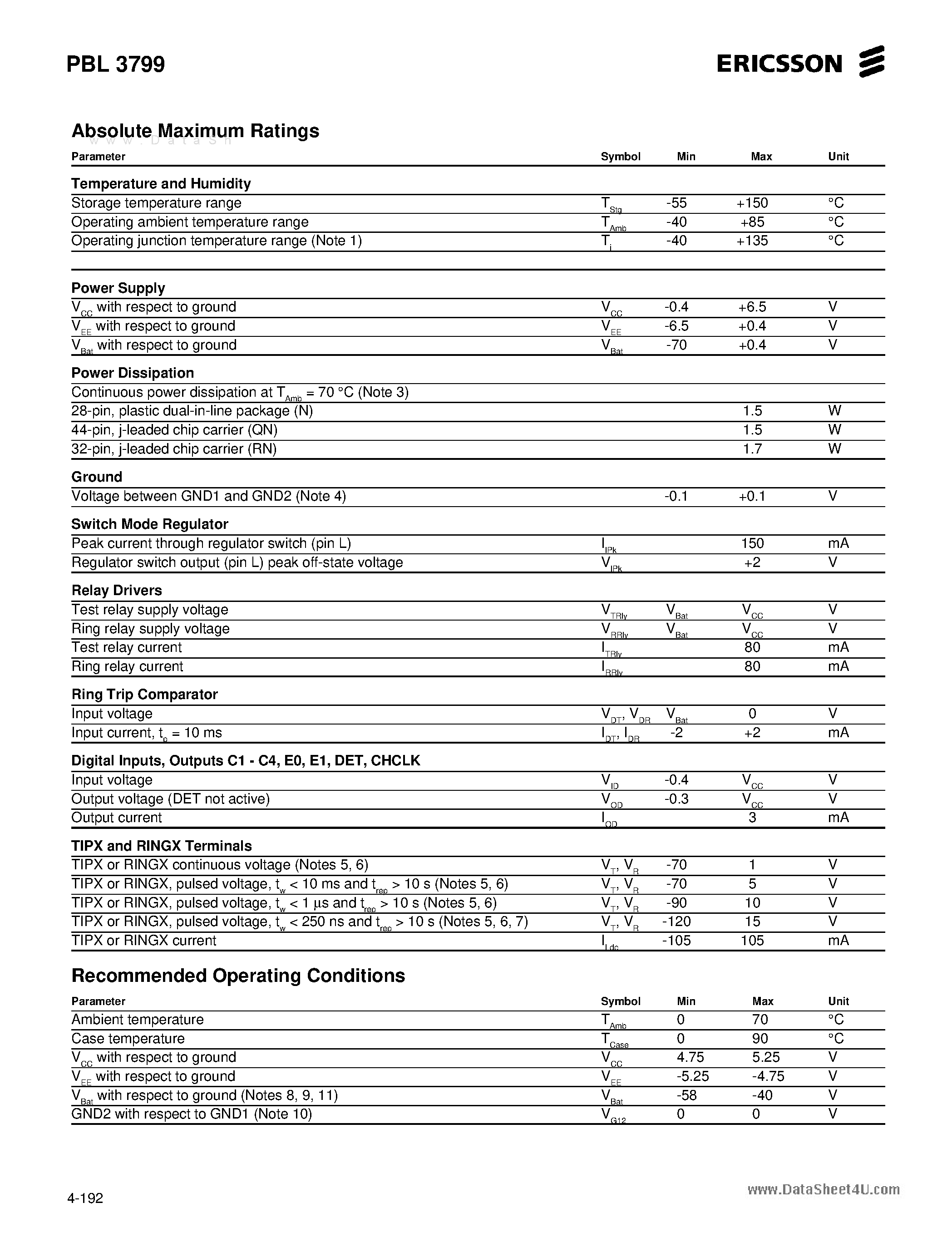 Datasheet PBL3799 - Subscriber Line Interface Circuit page 2