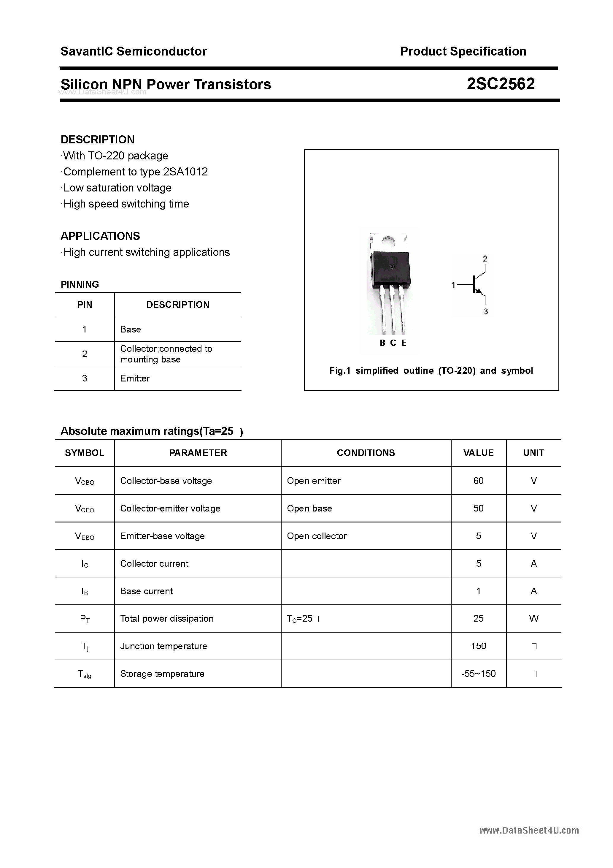 Datasheet 2SC2562 - SILICON POWER TRANSISTOR page 1
