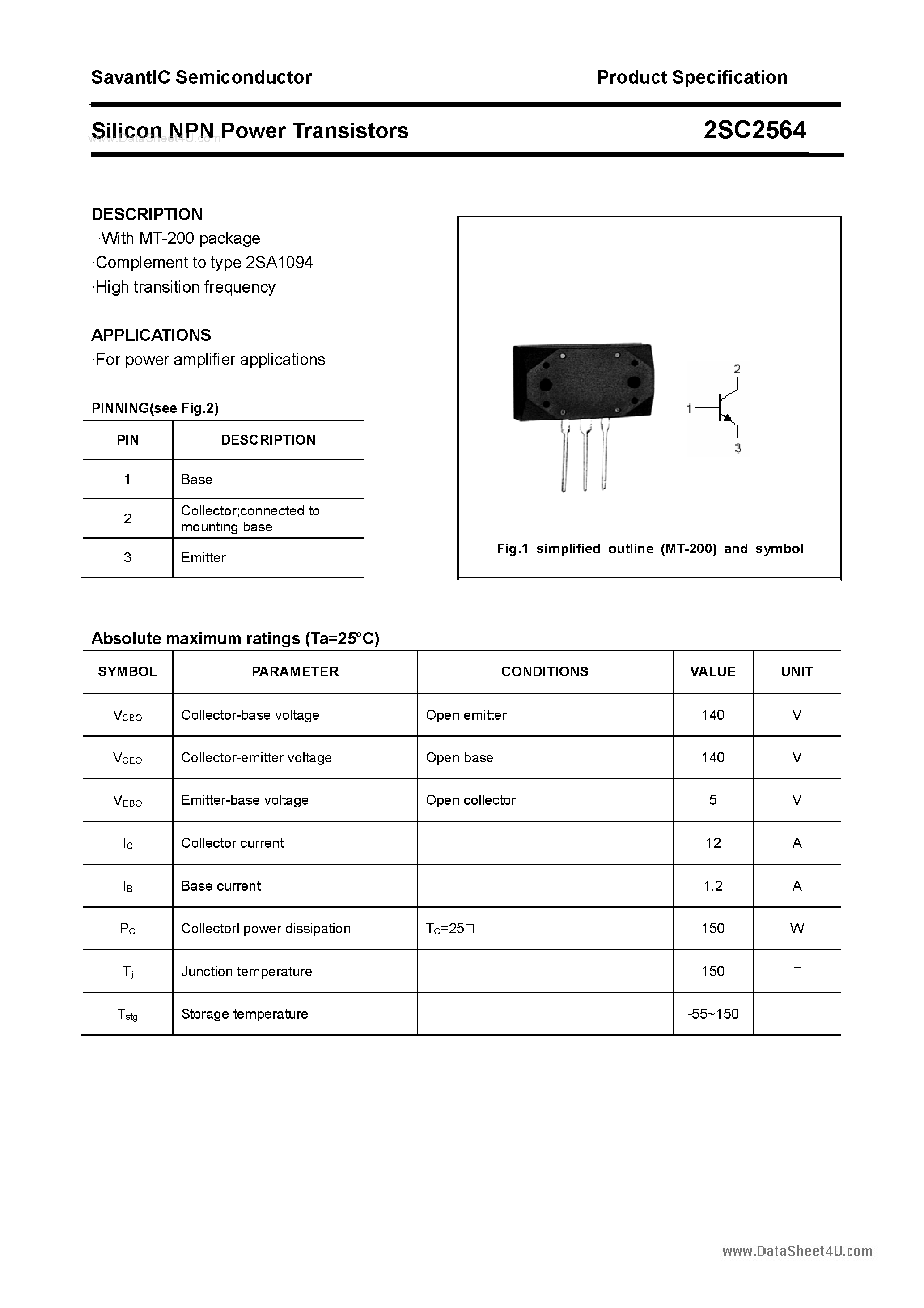 Datasheet 2SC2564 - SILICON POWER TRANSISTOR page 1