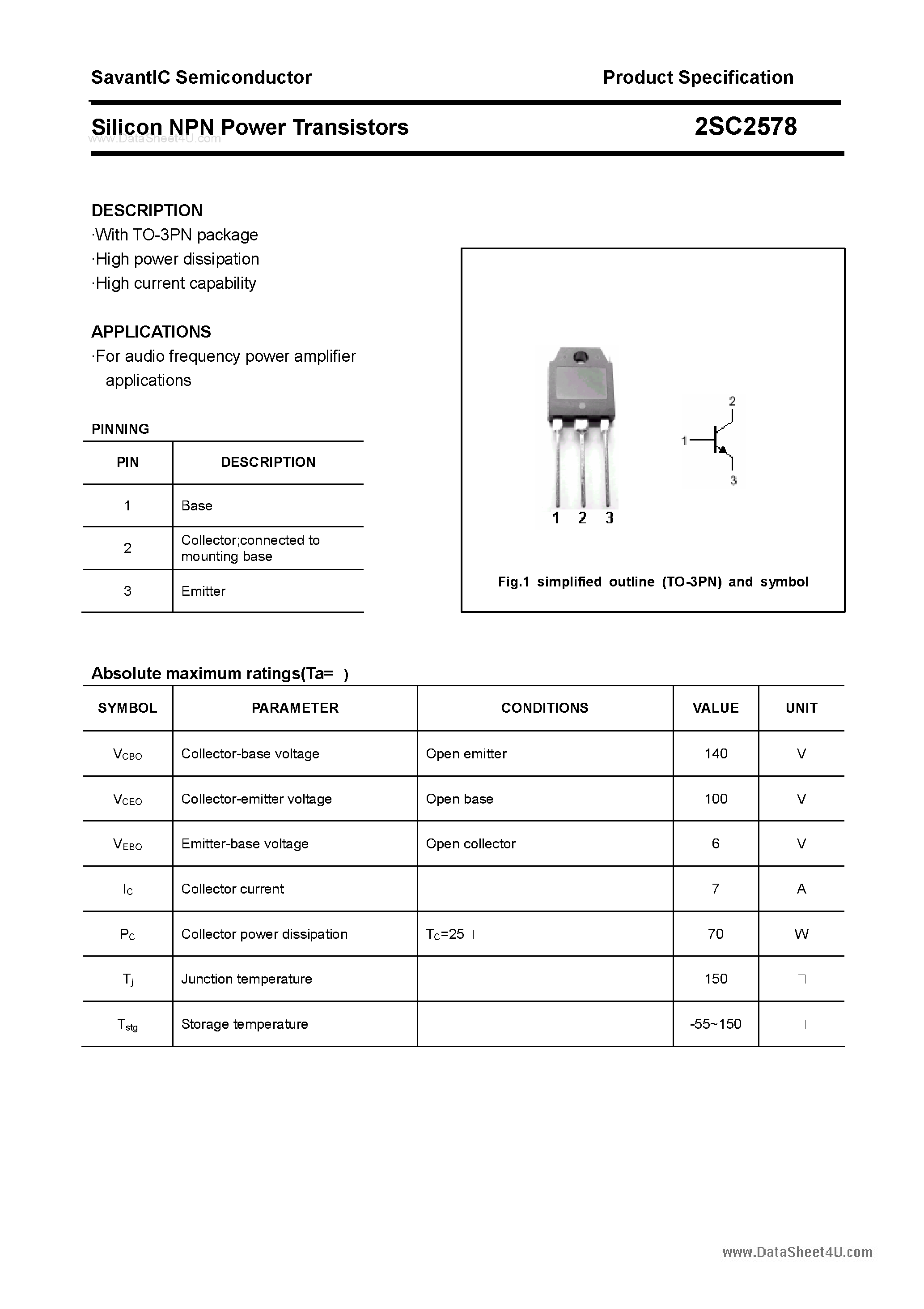 Datasheet 2SC2578 - SILICON POWER TRANSISTOR page 1