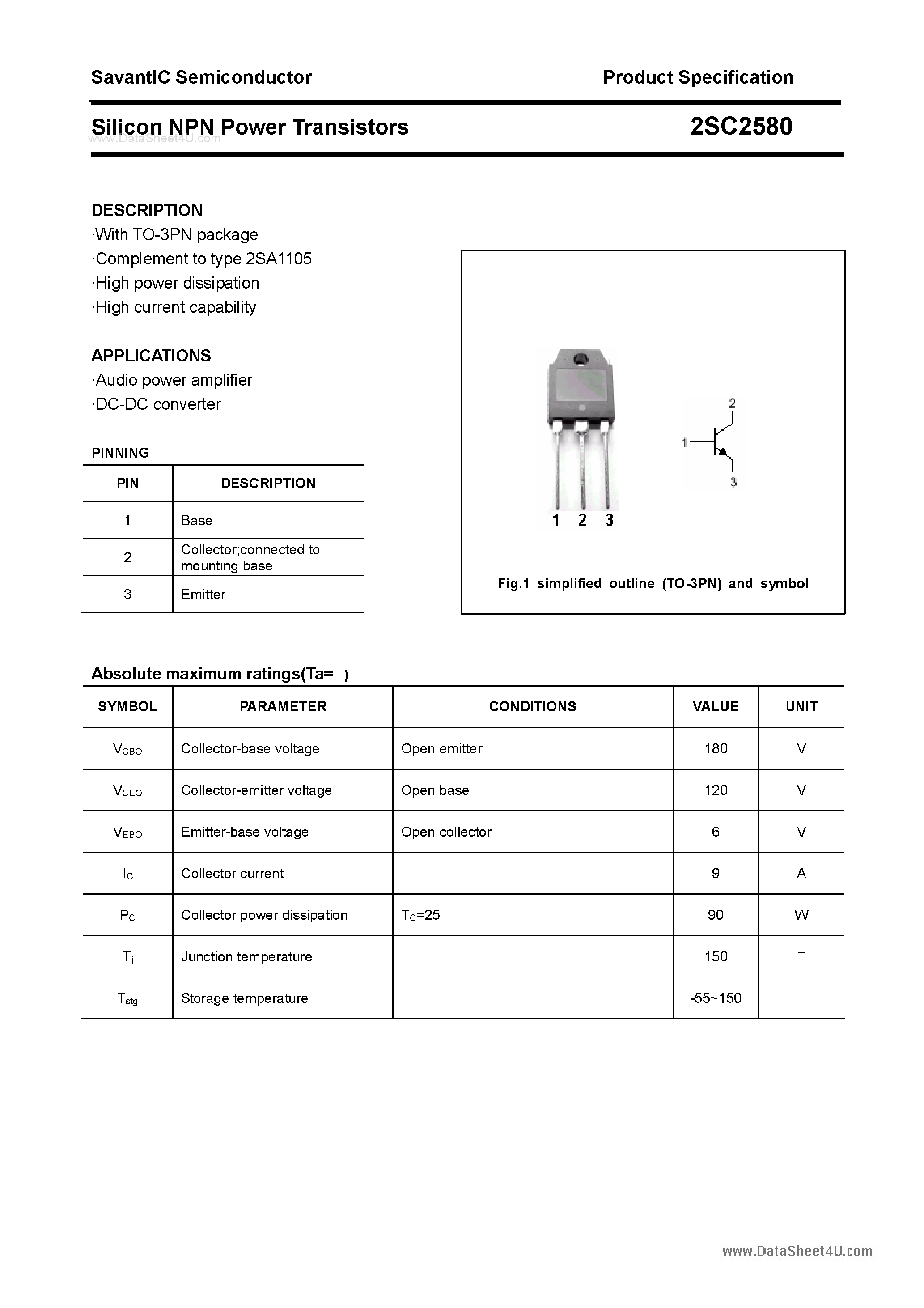 Datasheet 2SC2580 - SILICON POWER TRANSISTOR page 1