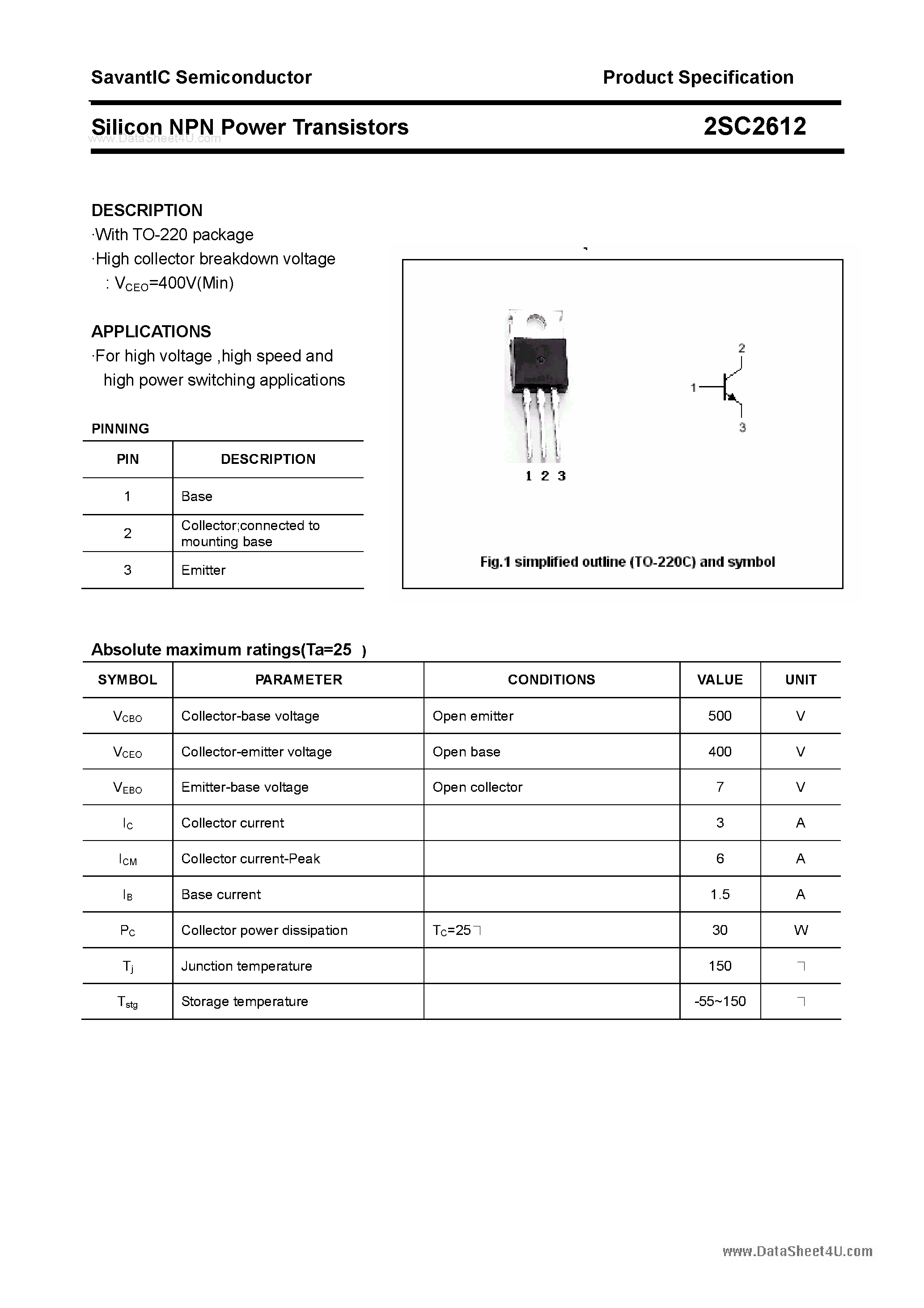 Datasheet 2SC2612 - SILICON POWER TRANSISTOR page 1