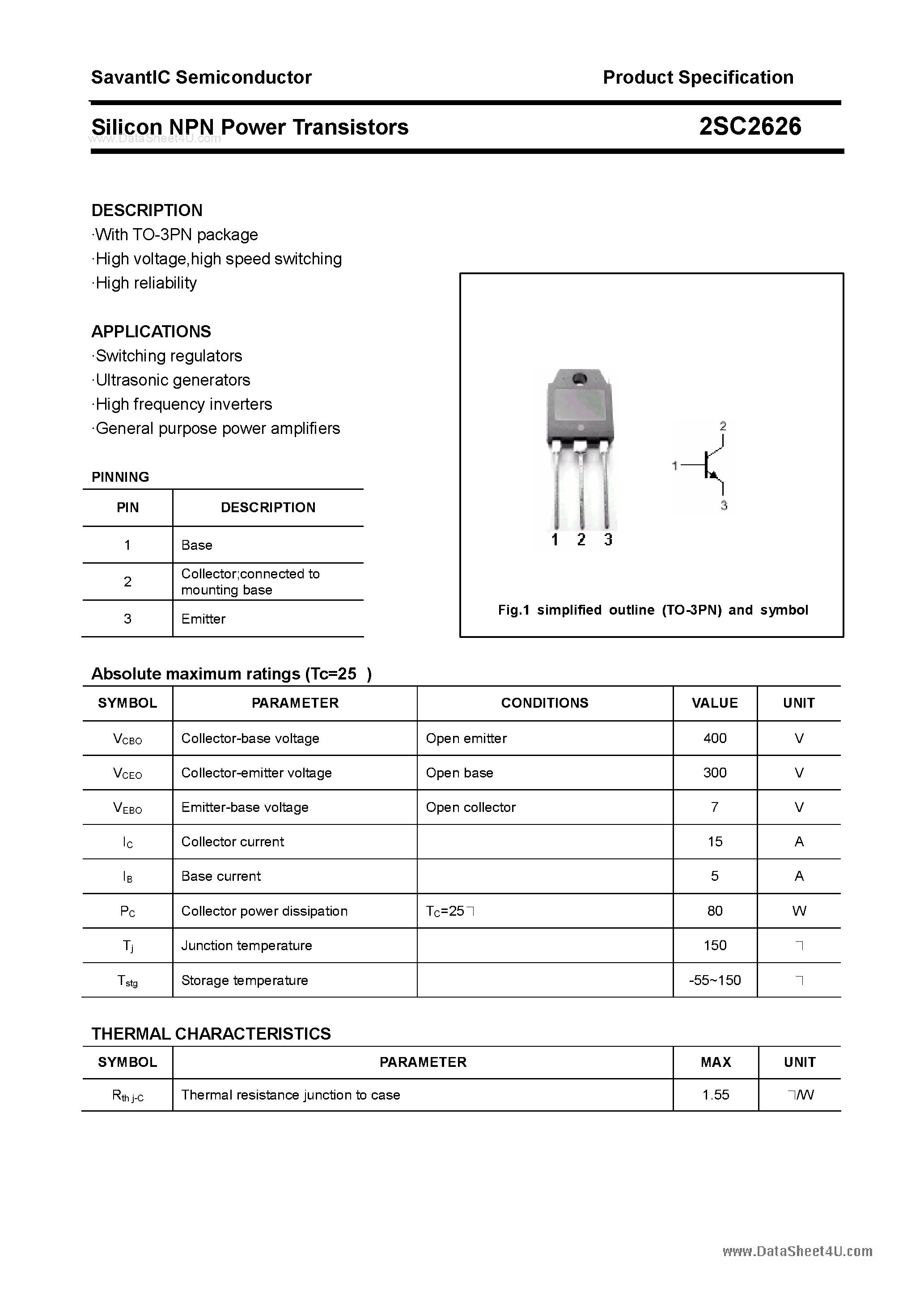 Datasheet 2SC2626 - SILICON POWER TRANSISTOR page 1