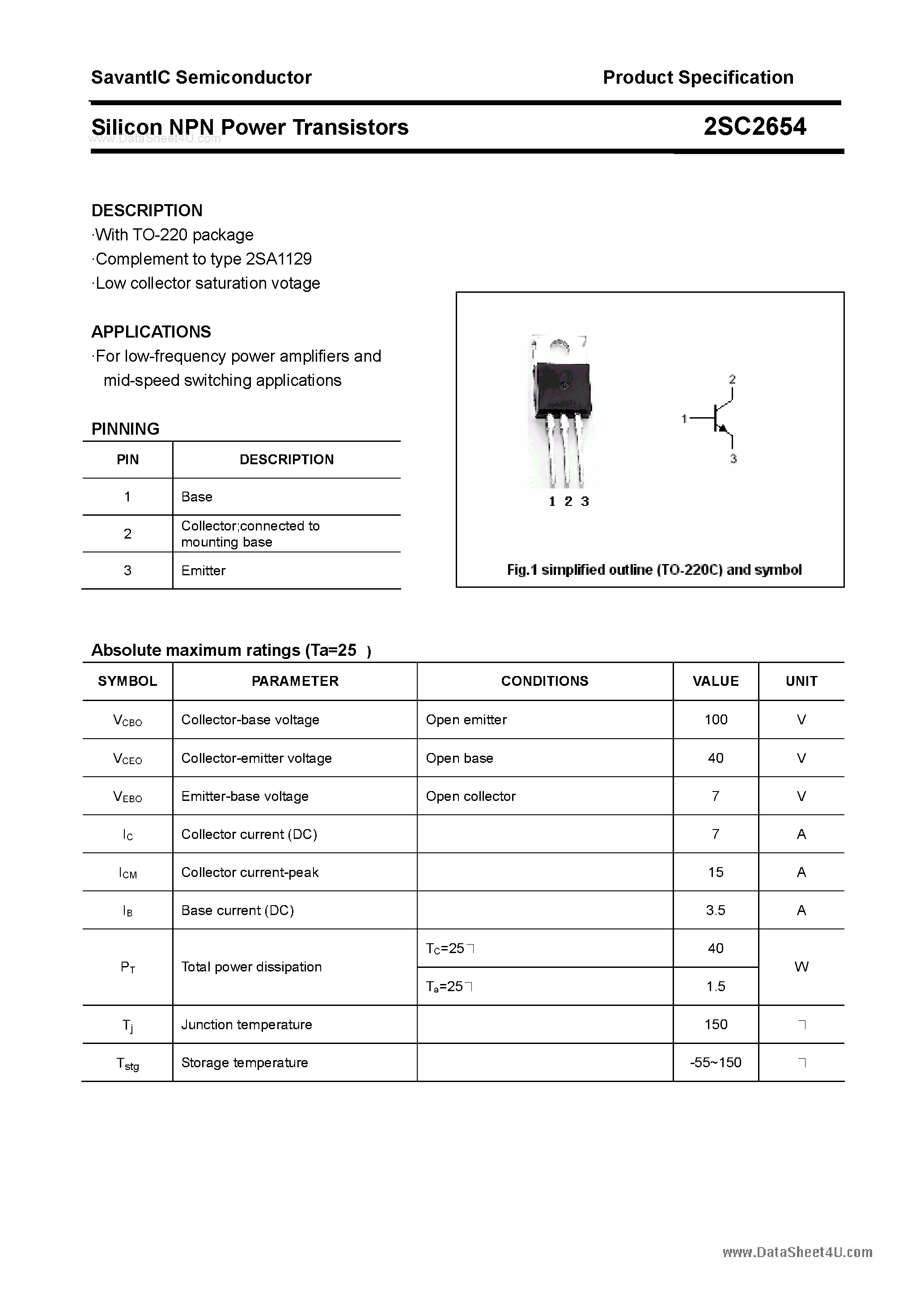 Datasheet 2SC2654 - SILICON POWER TRANSISTOR page 1