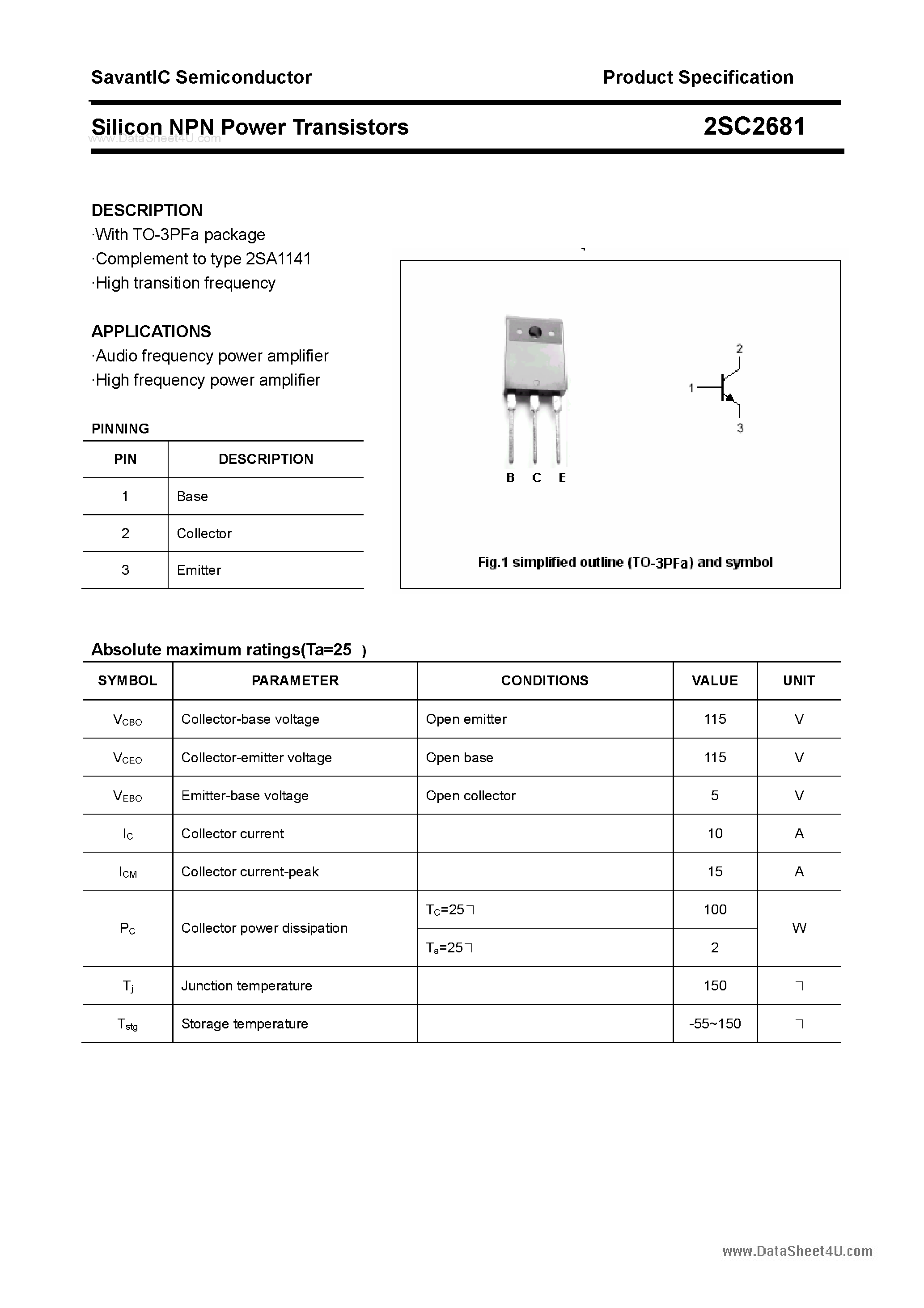 Datasheet 2SC2681 page 1 Datasheet 2SC2681 - SILICON POWER TRANSISTOR page 1