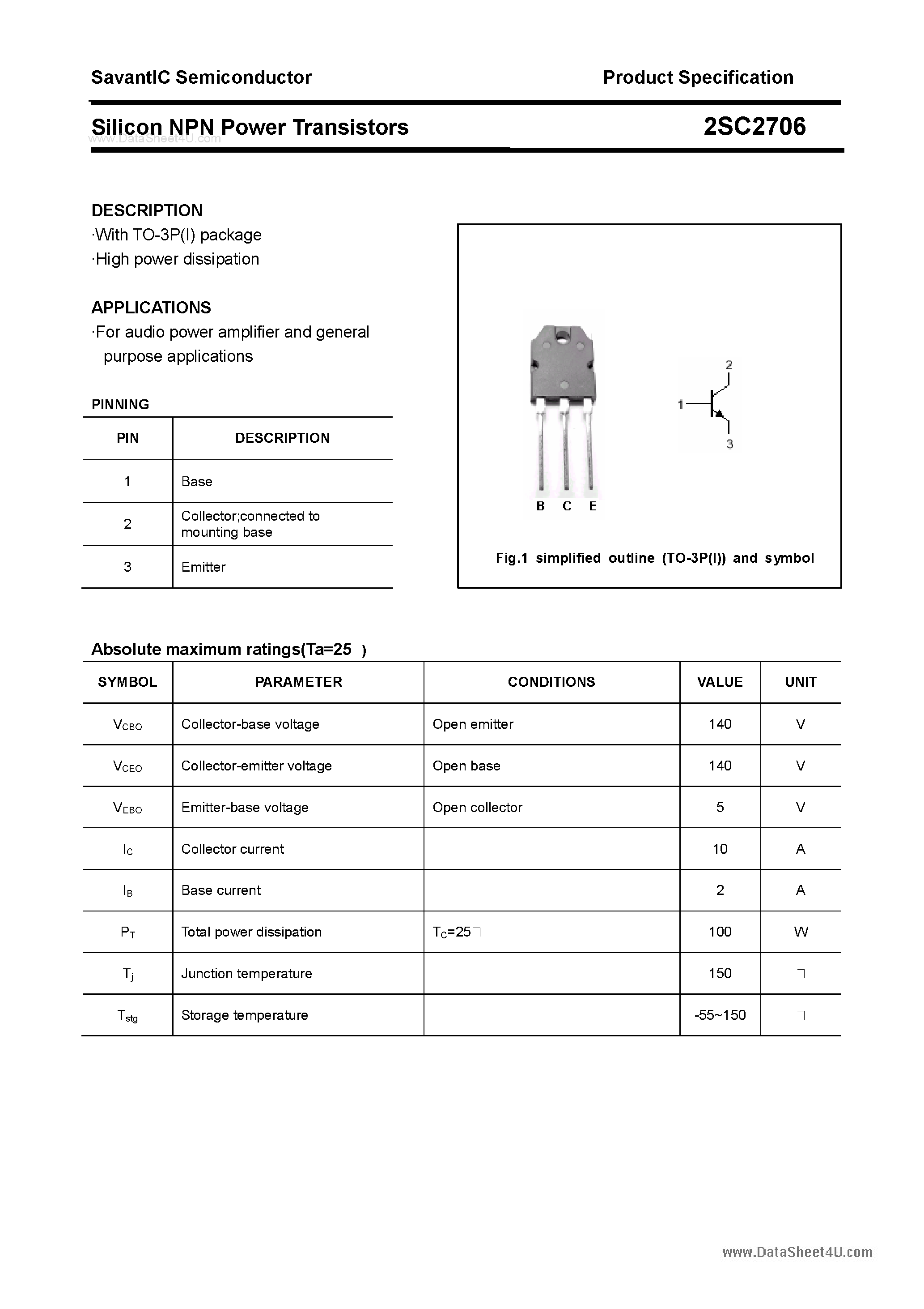 Datasheet 2SC2706 page 1 Datasheet 2SC2706 - SILICON POWER TRANSISTOR page 1