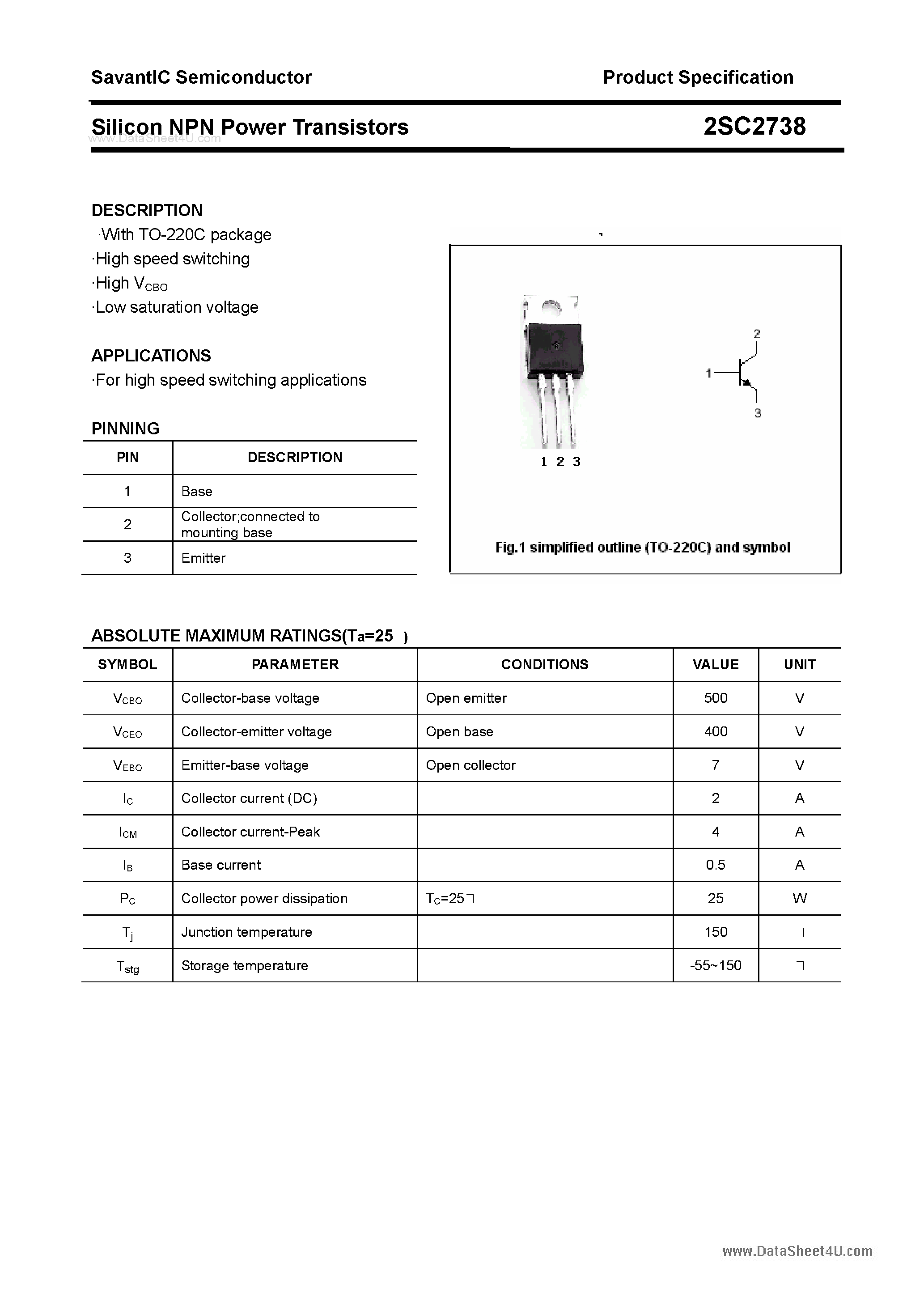 Datasheet 2SC2738 page 1 Datasheet 2SC2738 - SILICON POWER TRANSISTOR page 1