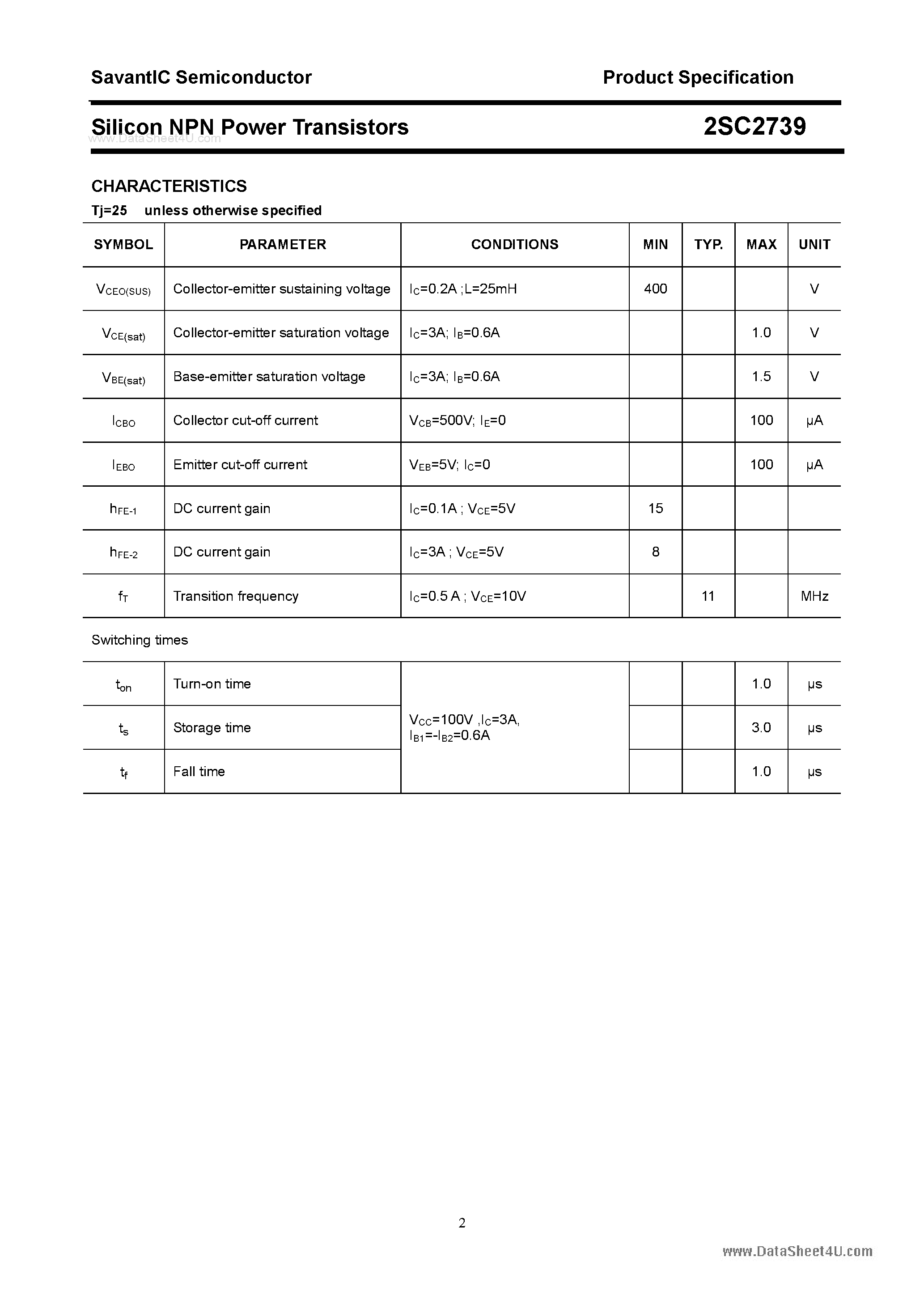 Datasheet 2SC2739 page 2 Datasheet 2SC2739 - SILICON POWER TRANSISTOR page 2
