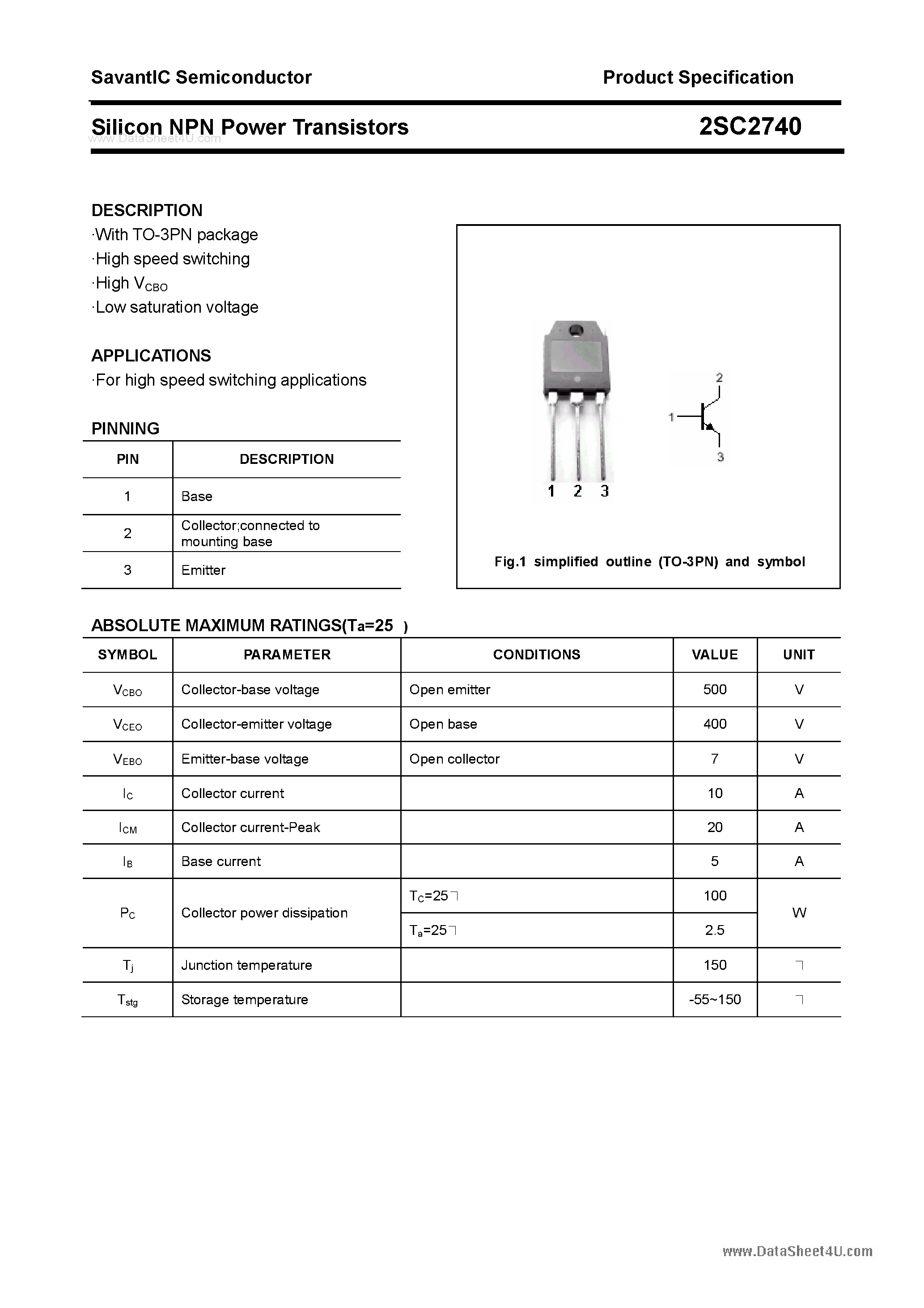 Datasheet 2SC2740 page 1 Datasheet 2SC2740 - SILICON POWER TRANSISTOR page 1