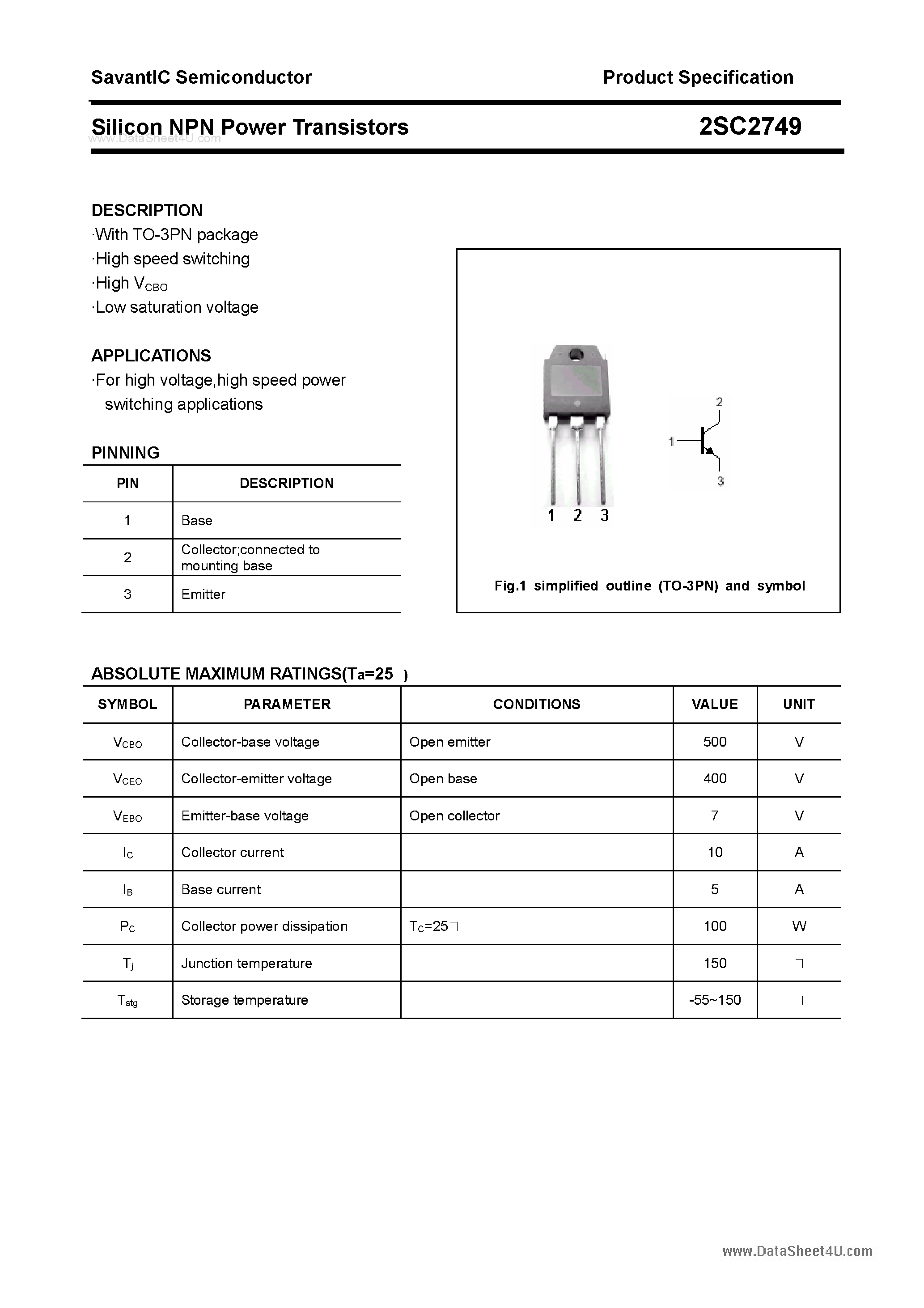 Datasheet 2SC2749 - SILICON POWER TRANSISTOR page 1