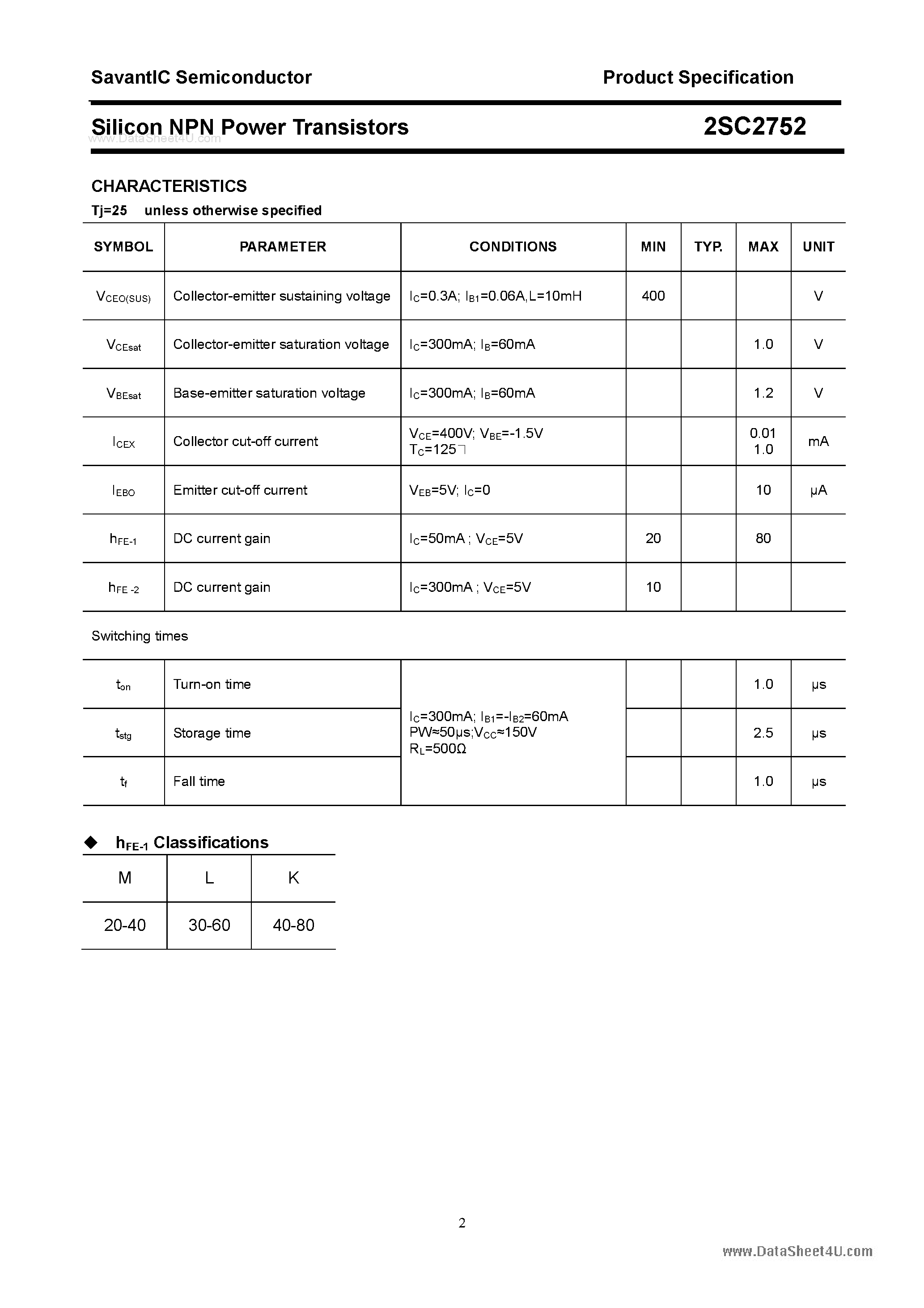 Datasheet 2SC2752 page 2 Datasheet 2SC2752 - SILICON POWER TRANSISTOR page 2