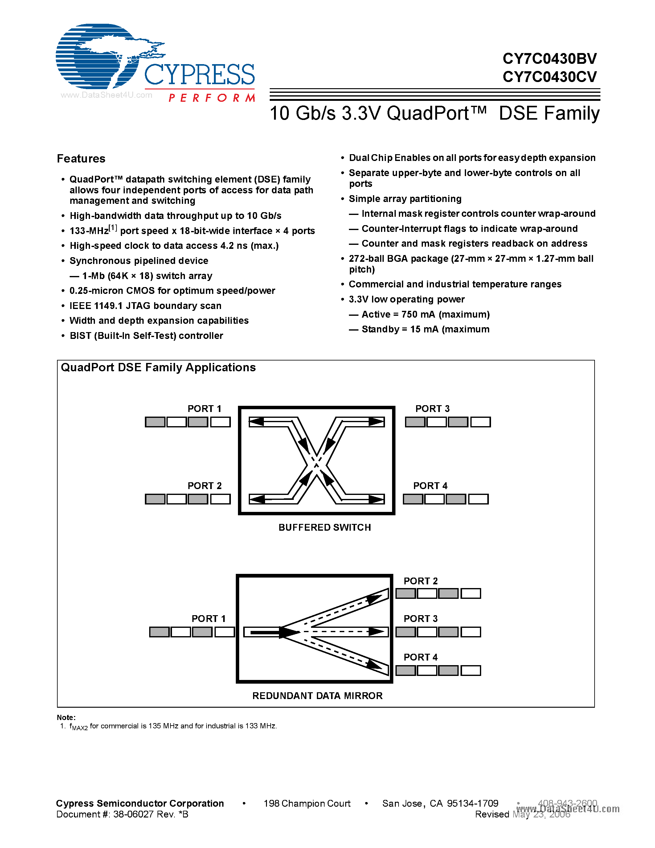 Datasheet CY7C0430BV - (CY7C0430BV / CY7C0430CV) 10 Gb/s 3.3V QuadPort DSE Family page 1