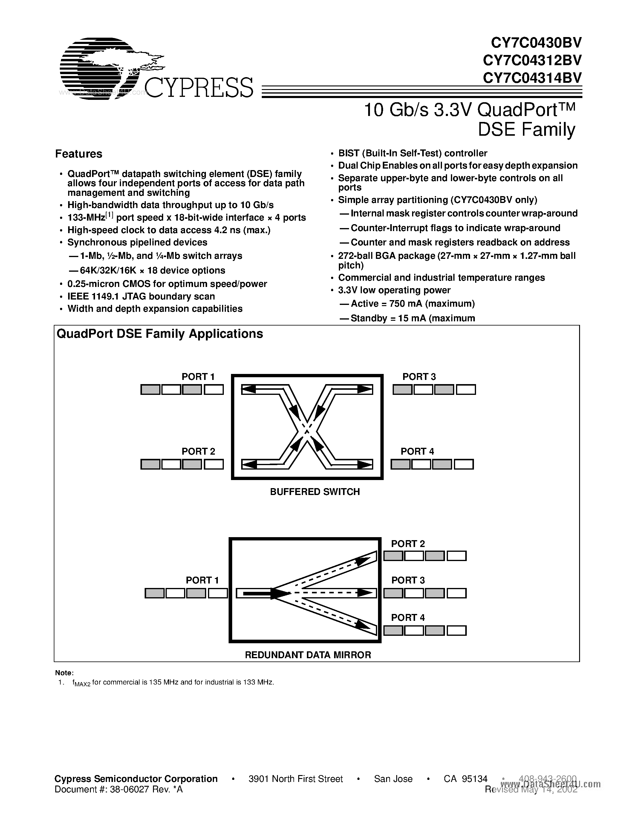 Datasheet CY7C04312BV - (CY7C0431xBV) 10 Gb/s 3.3V QuadPort DSE Family page 1