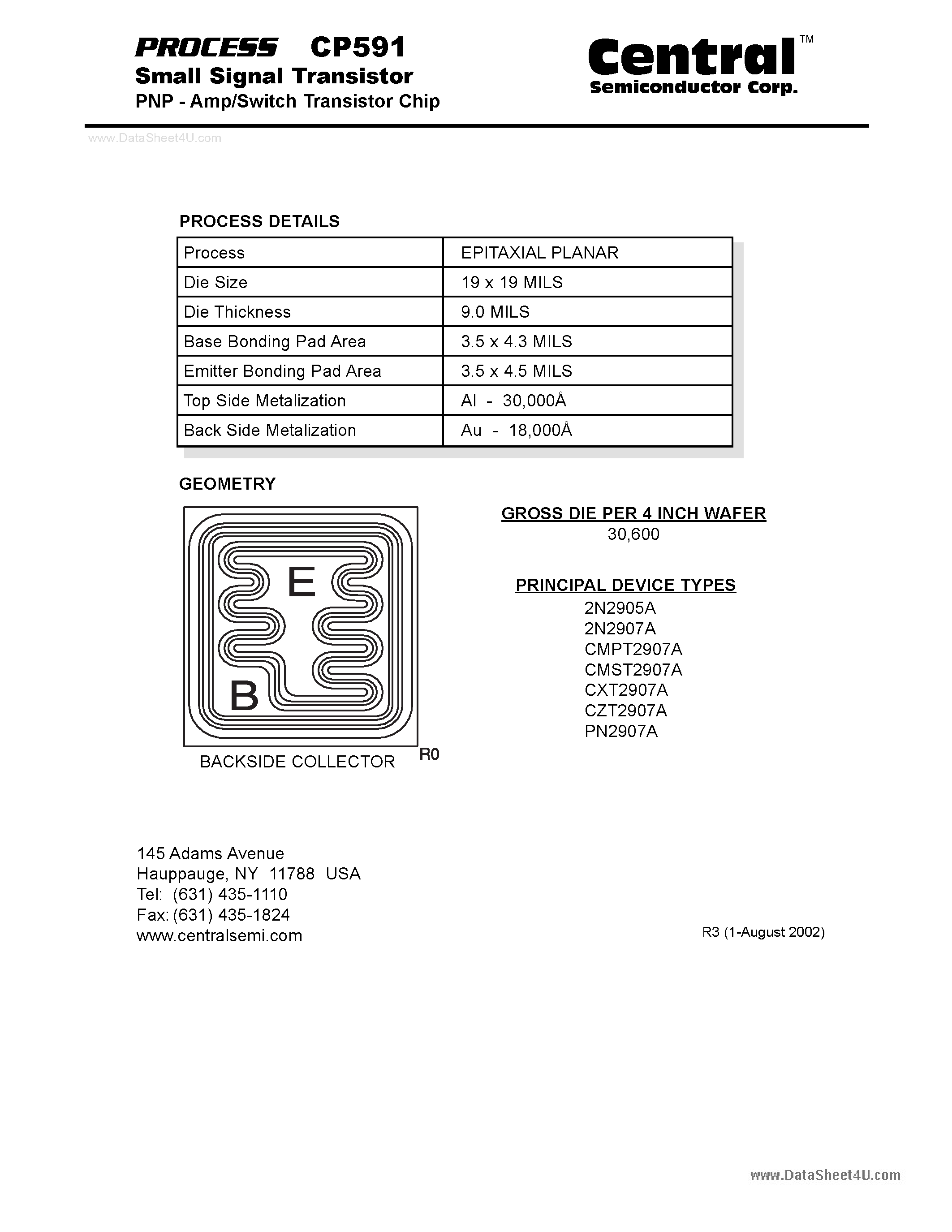 Datasheet CP591 page 1 Datasheet CP591 - Small Signal Transistor PNP - Amp/Switch Transistor Chip page 1