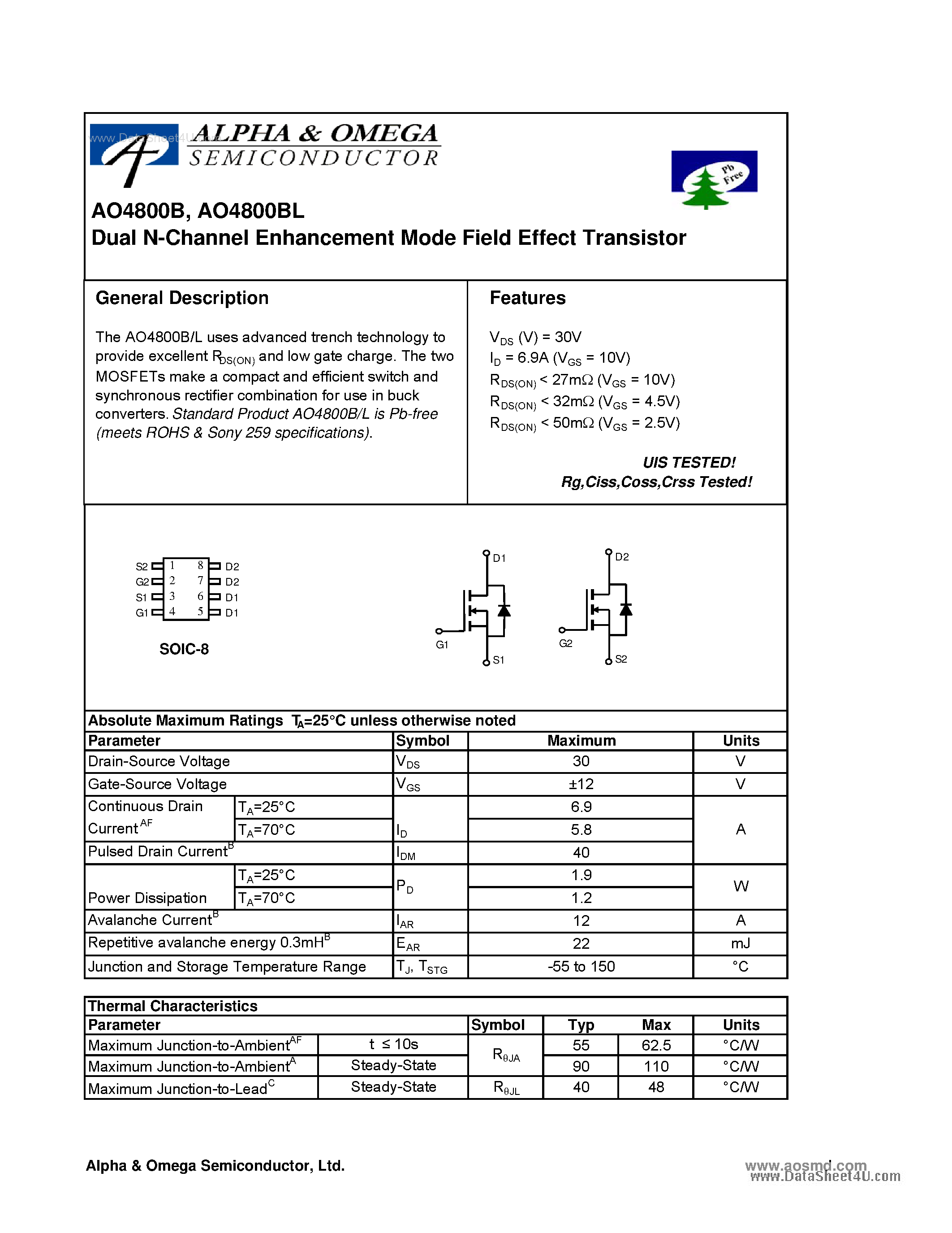 Datasheet AO4800B - Dual N-Channel Enhancement Mode Field Effect Transistor page 1
