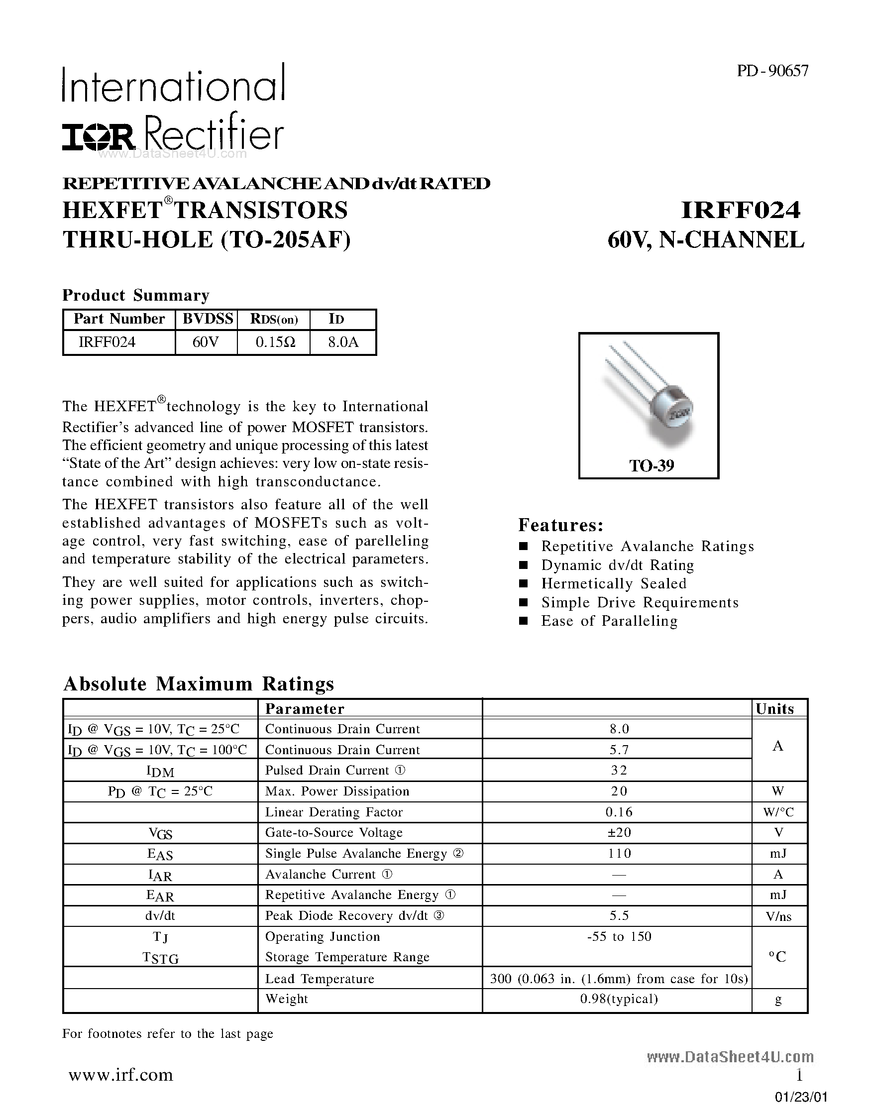 Datasheet IRFF024 - N-CHANNEL page 1