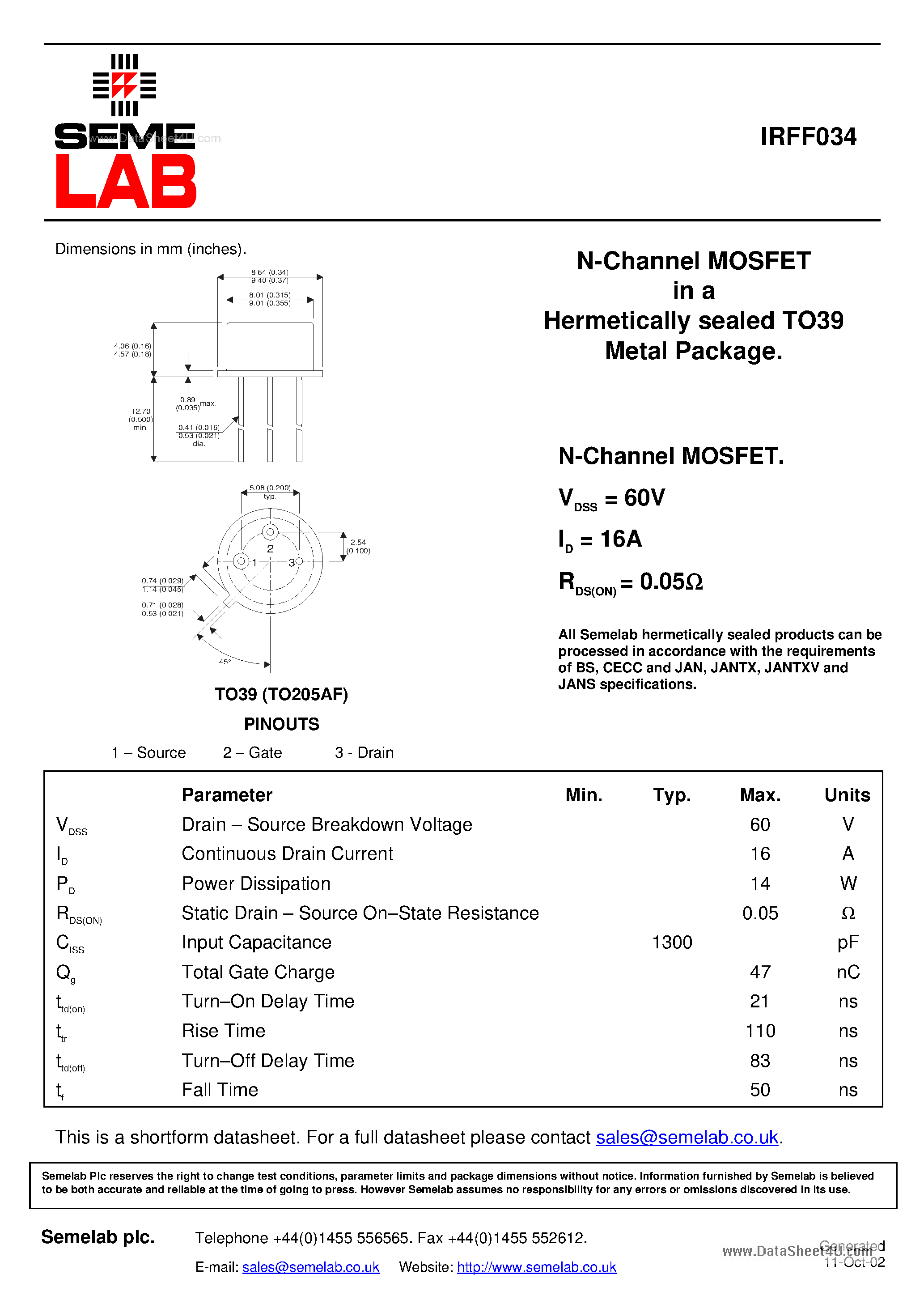 Datasheet IRFF034 - Bipolar NPN Device page 1