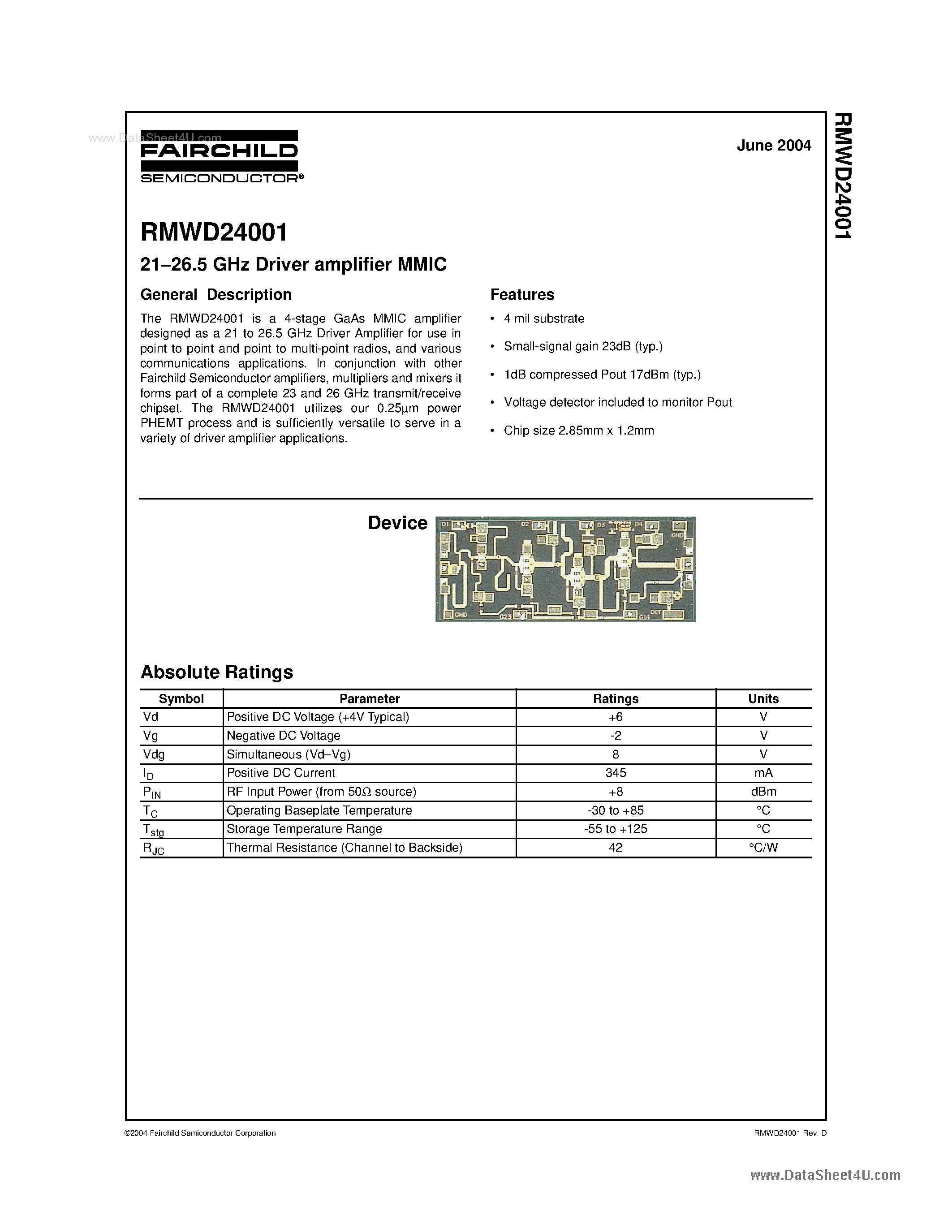 Datasheet RMWD24001 page 1 Datasheet RMWD24001 - 21 - 26.5 GHZ Driver Amplifier Mmic page 1
