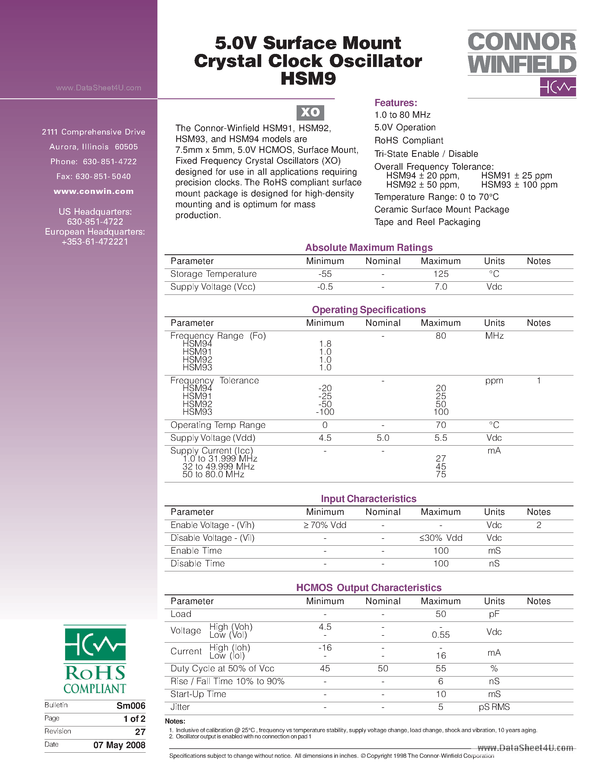 Datasheet HSM9 page 1 Datasheet HSM9 - 5.0V Surface Mount Crystal Clock Oscillator page 1