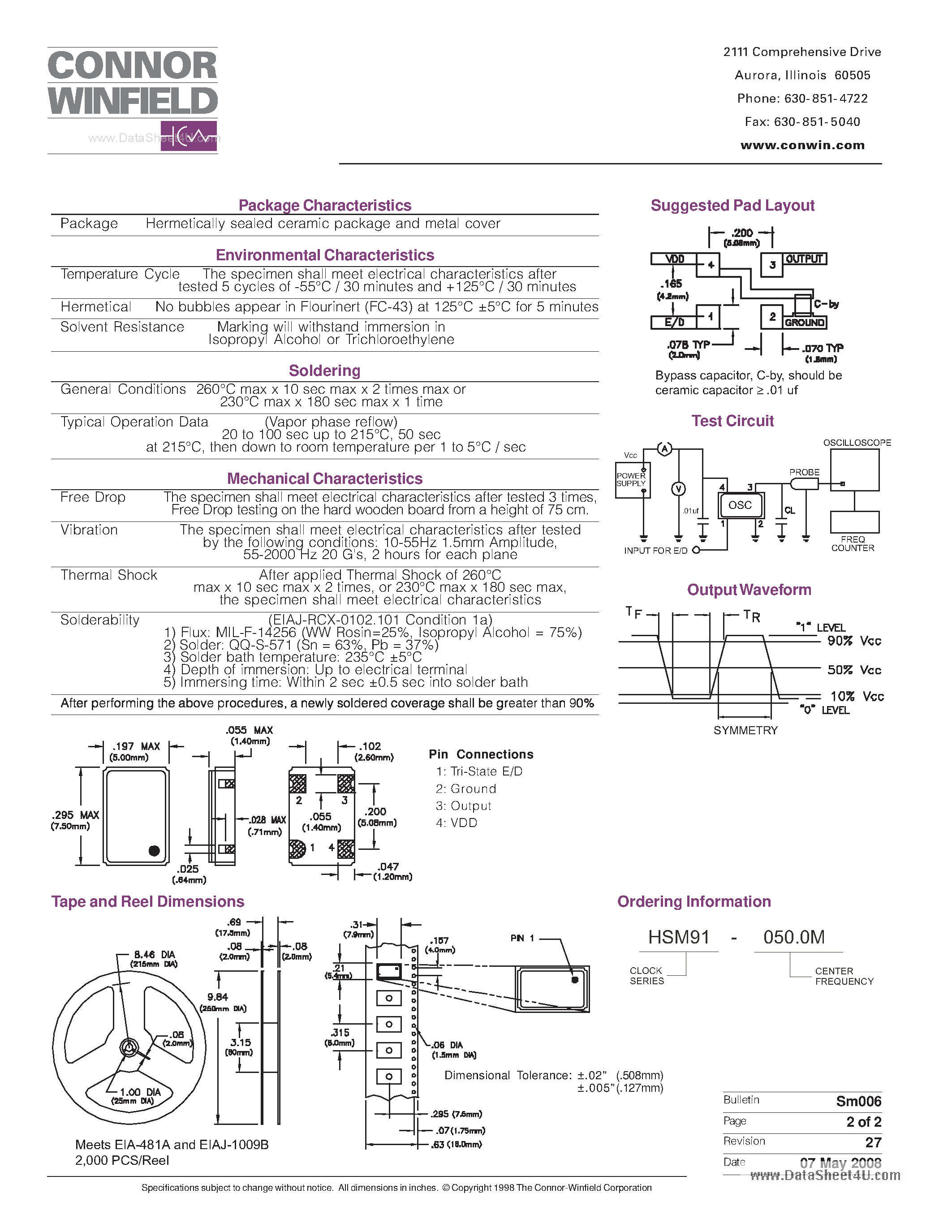 Datasheet HSM9 page 2 Datasheet HSM9 - 5.0V Surface Mount Crystal Clock Oscillator page 2