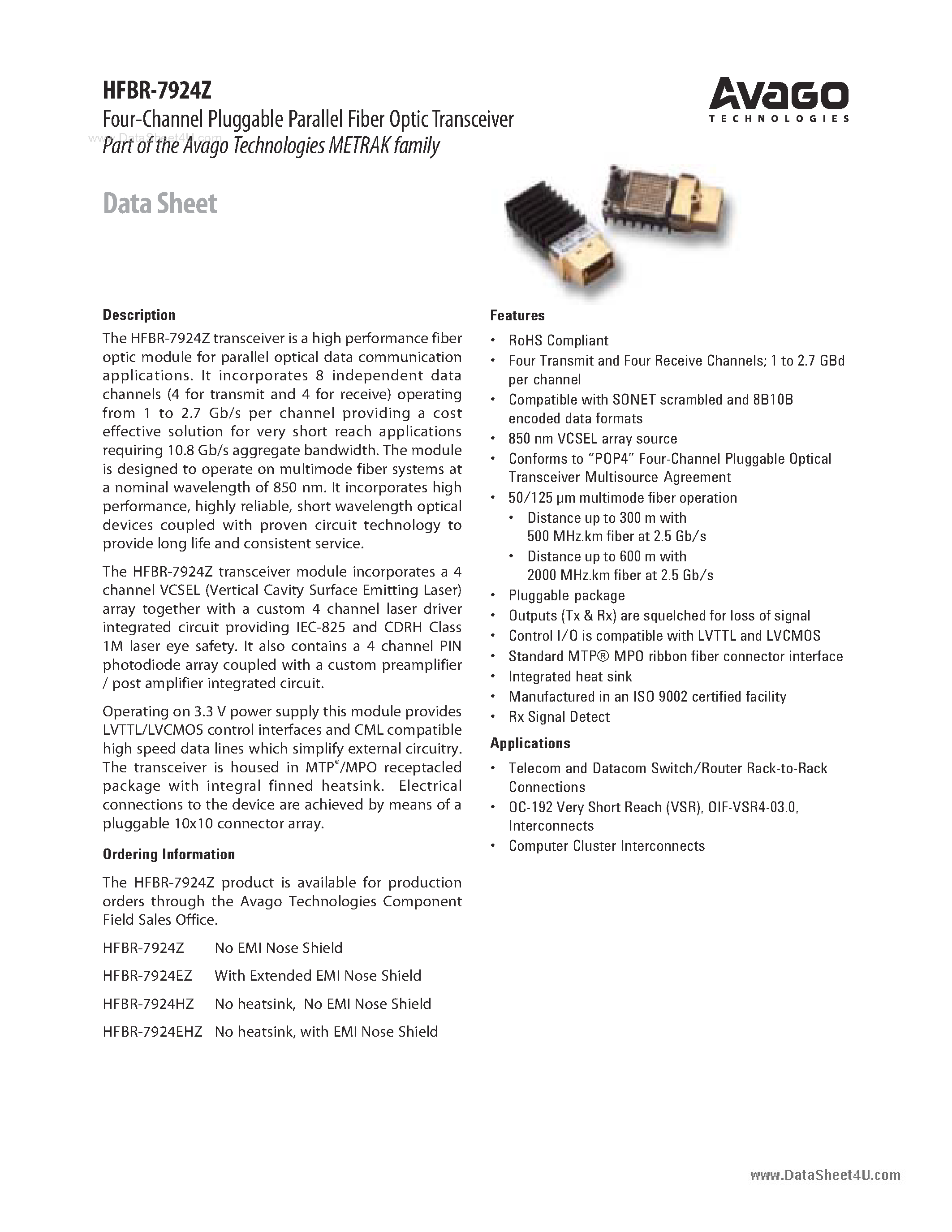 Datasheet HFBR-7924Z - Four-Channel Pluggable Parallel Fiber Optic Transceiver Part of the Avago Technologies METRAK family page 1