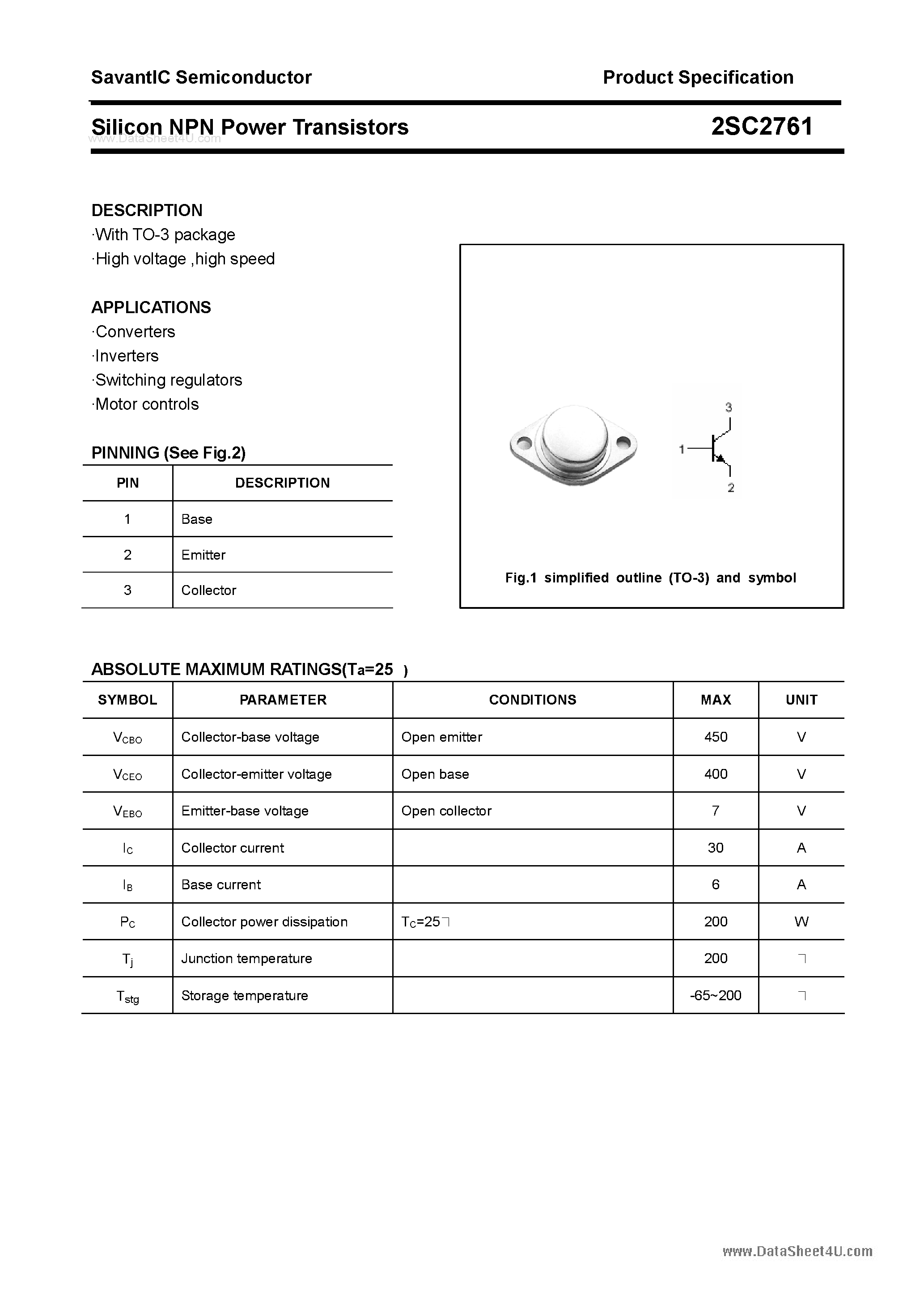 Datasheet 2SC2761 page 1 Datasheet 2SC2761 - SILICON POWER TRANSISTOR page 1