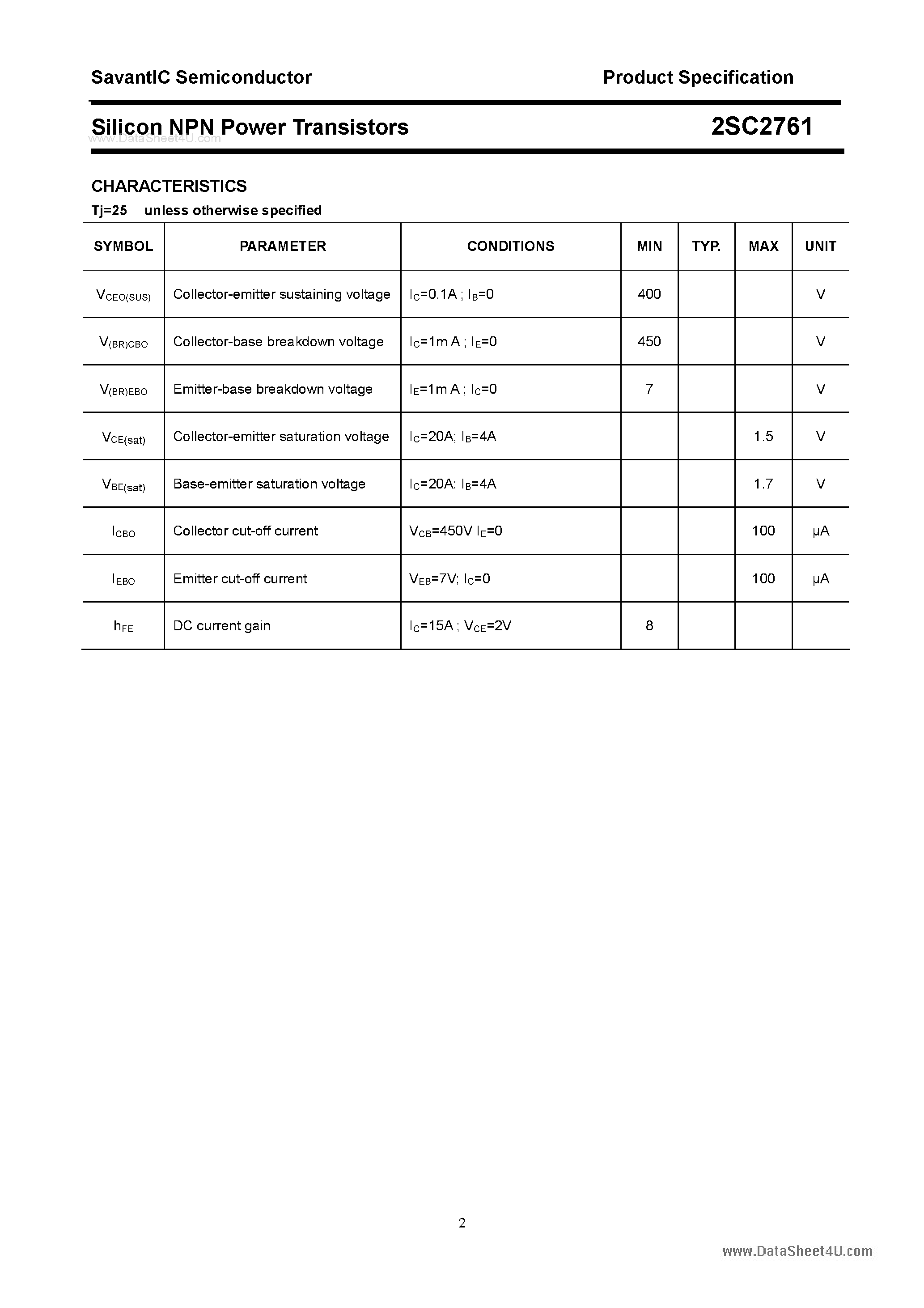 Datasheet 2SC2761 page 2 Datasheet 2SC2761 - SILICON POWER TRANSISTOR page 2