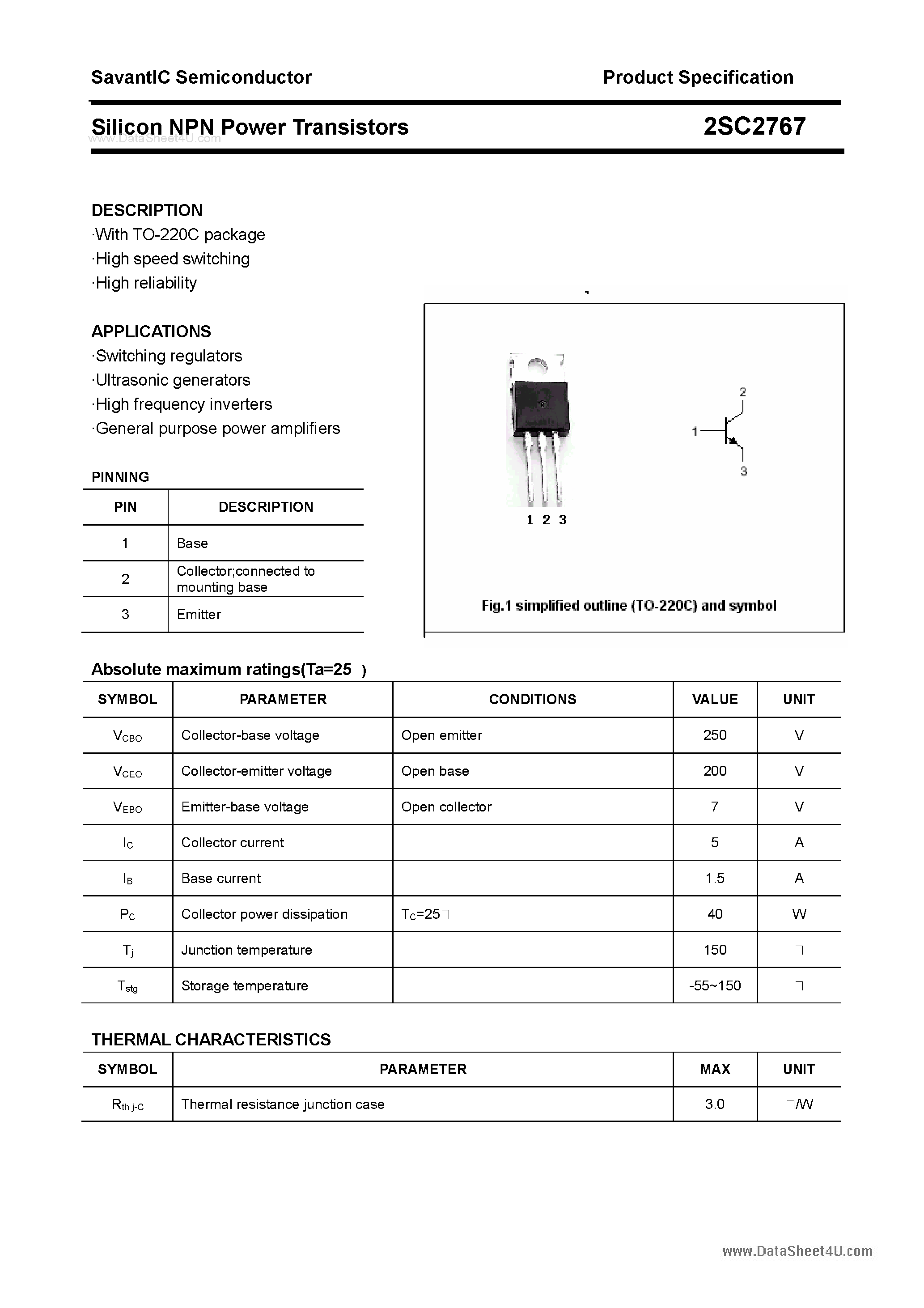 Datasheet 2SC2767 page 1 Datasheet 2SC2767 - SILICON POWER TRANSISTOR page 1