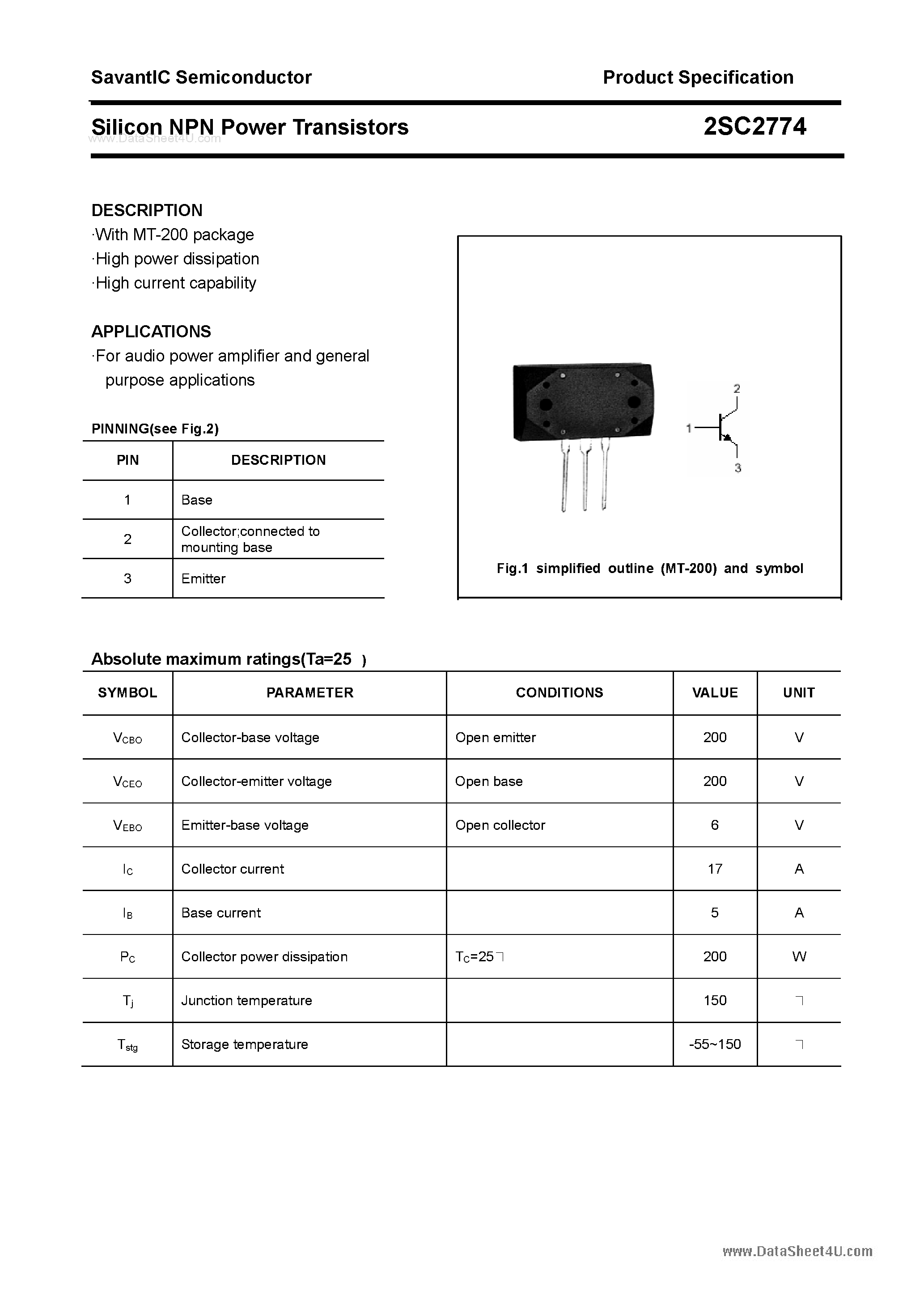 Datasheet 2SC2774 - SILICON POWER TRANSISTOR page 1