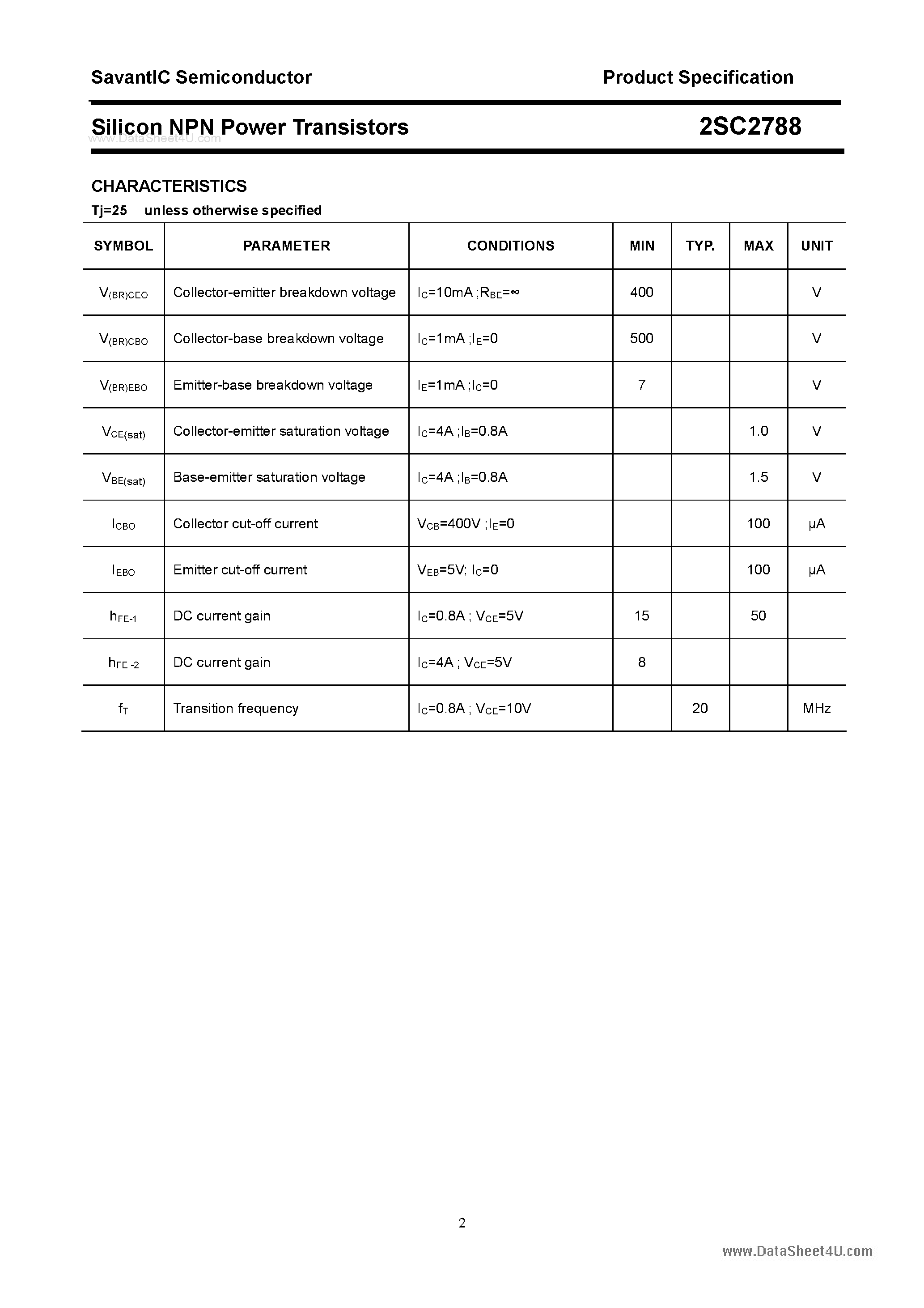 Datasheet 2SC2788 page 2 Datasheet 2SC2788 - SILICON POWER TRANSISTOR page 2