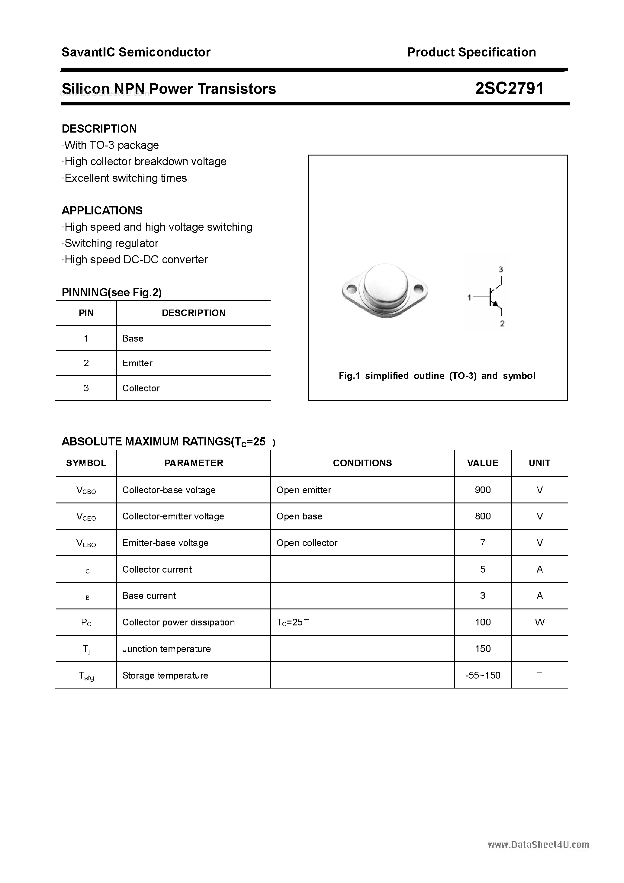 Datasheet 2SC2791 - SILICON POWER TRANSISTOR page 1